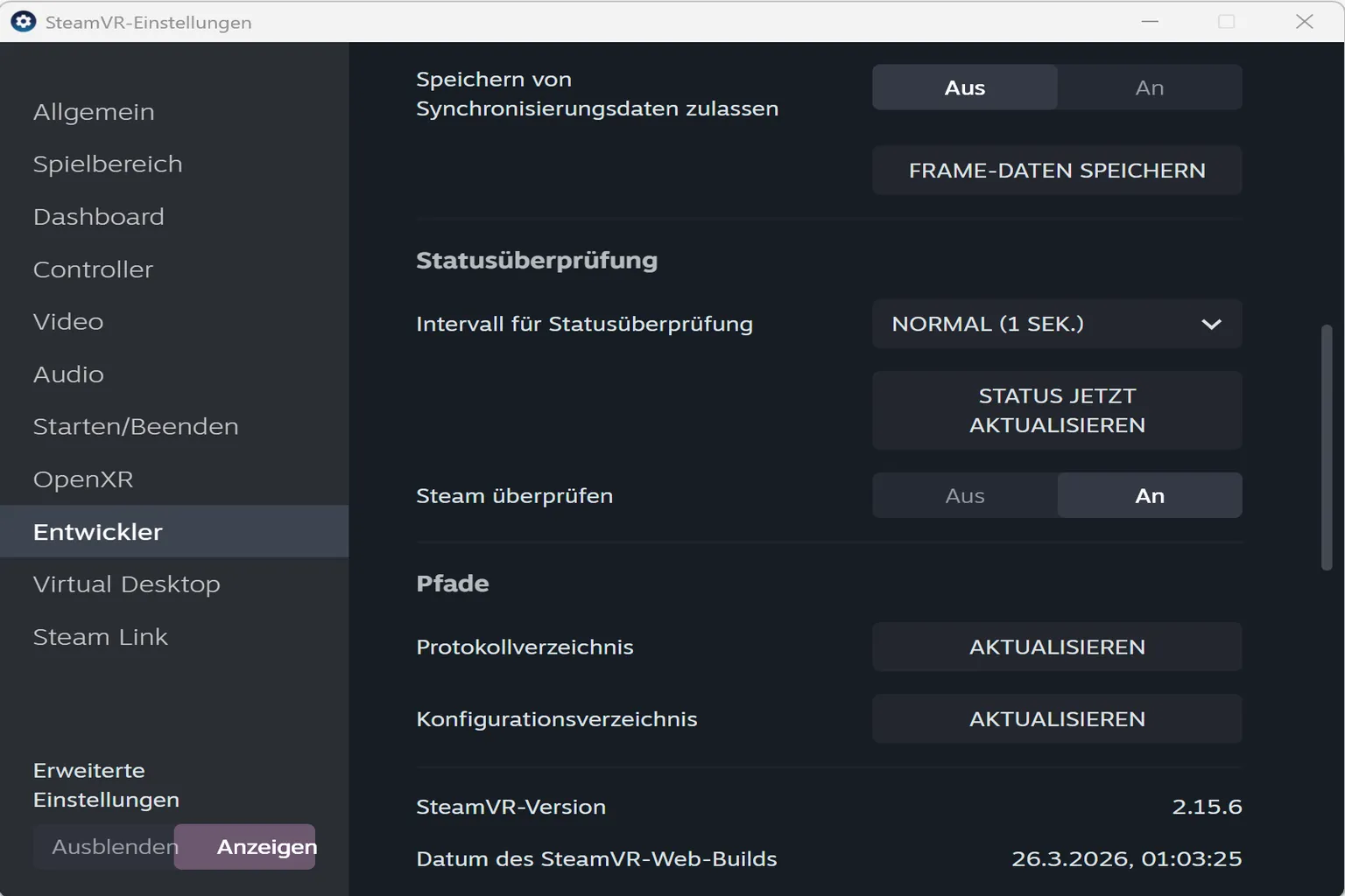 Das Entwickler-Menü enthält außerdem Funktionen zur Geräteprüfung, zur Verwaltung von Log- und Konfigurationspfaden sowie Einstellungen für die Datenspeicherung.