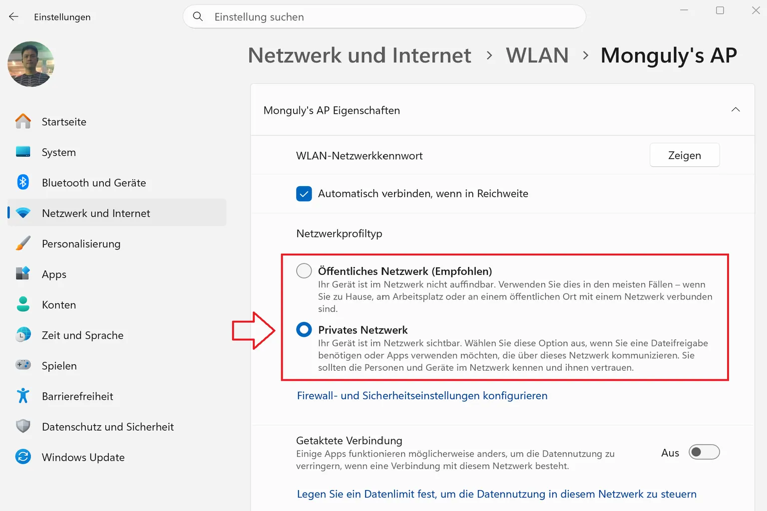 Wenn du ein öffentliches Netzwerk in den Windows-Netzwerkeinstellungen auf privat umstellst, werden Streaming und lokale Verbindungen meist zuverlässiger. In einem privaten Netzwerk können PC und Headset im selben LAN problemlos miteinander kommunizieren, was Verbindungsprobleme mit Virtual Desktop reduziert.