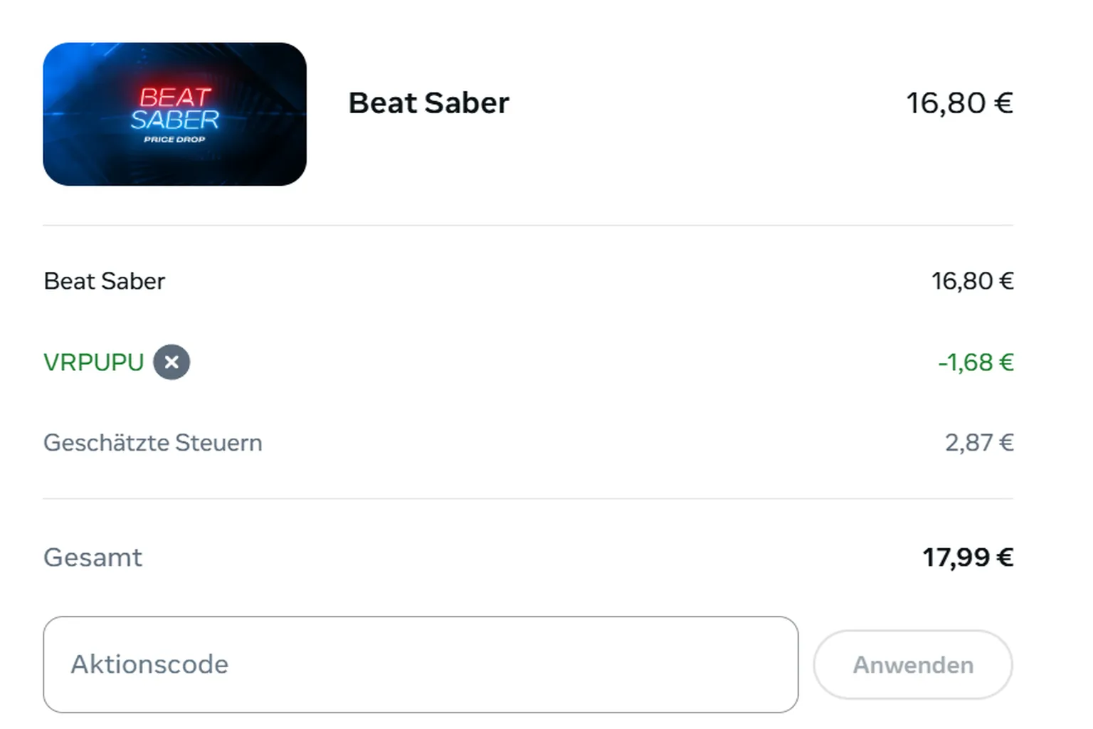 Bestellbestätigungsseite von Beat Saber mit angewendetem VRPUPU-10-%-Rabatt und reduziertem Gesamtpreis.