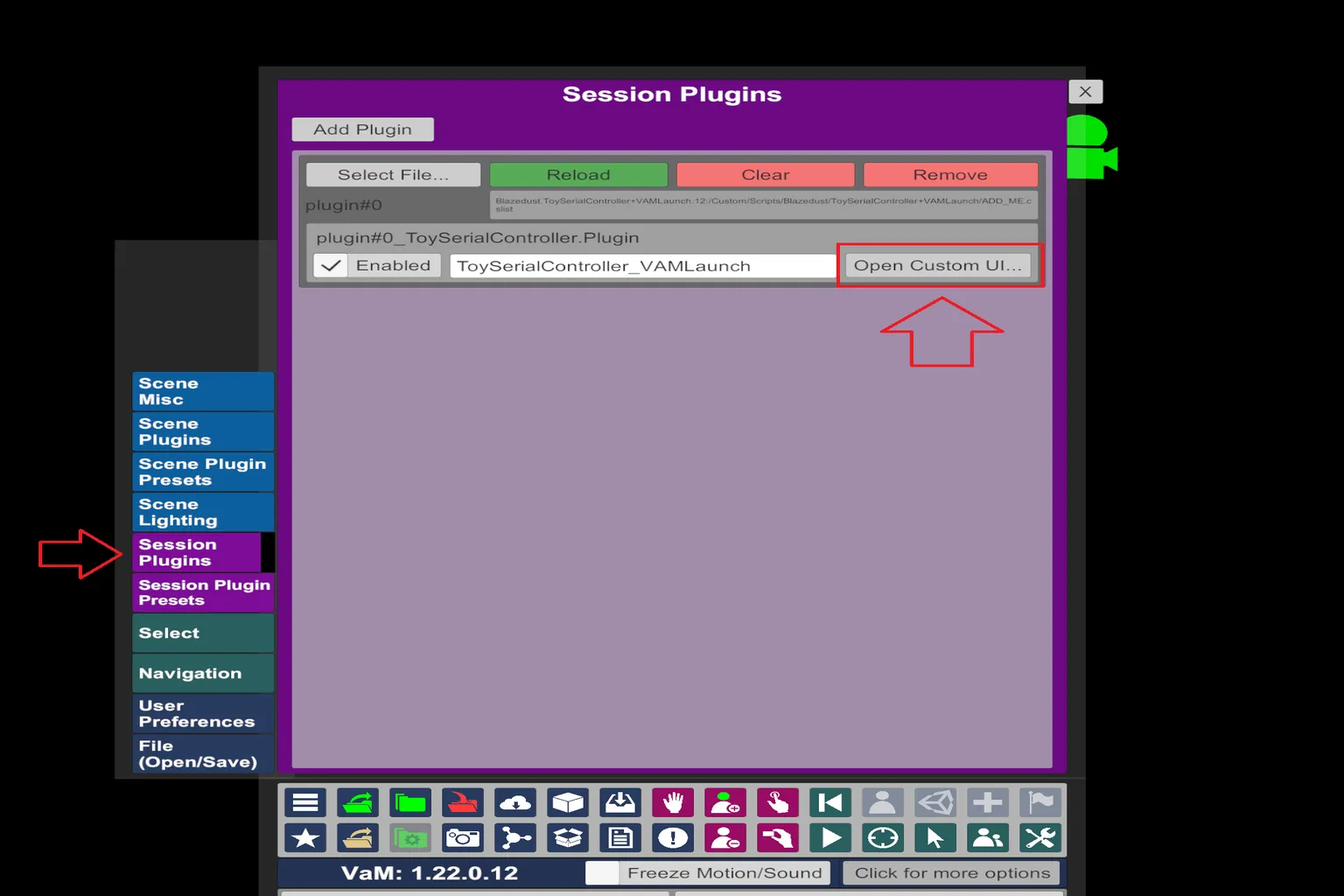 Im Panel Session Plugins von VaM ist die Custom UI für ToySerialController VAMLaunch geöffnet.