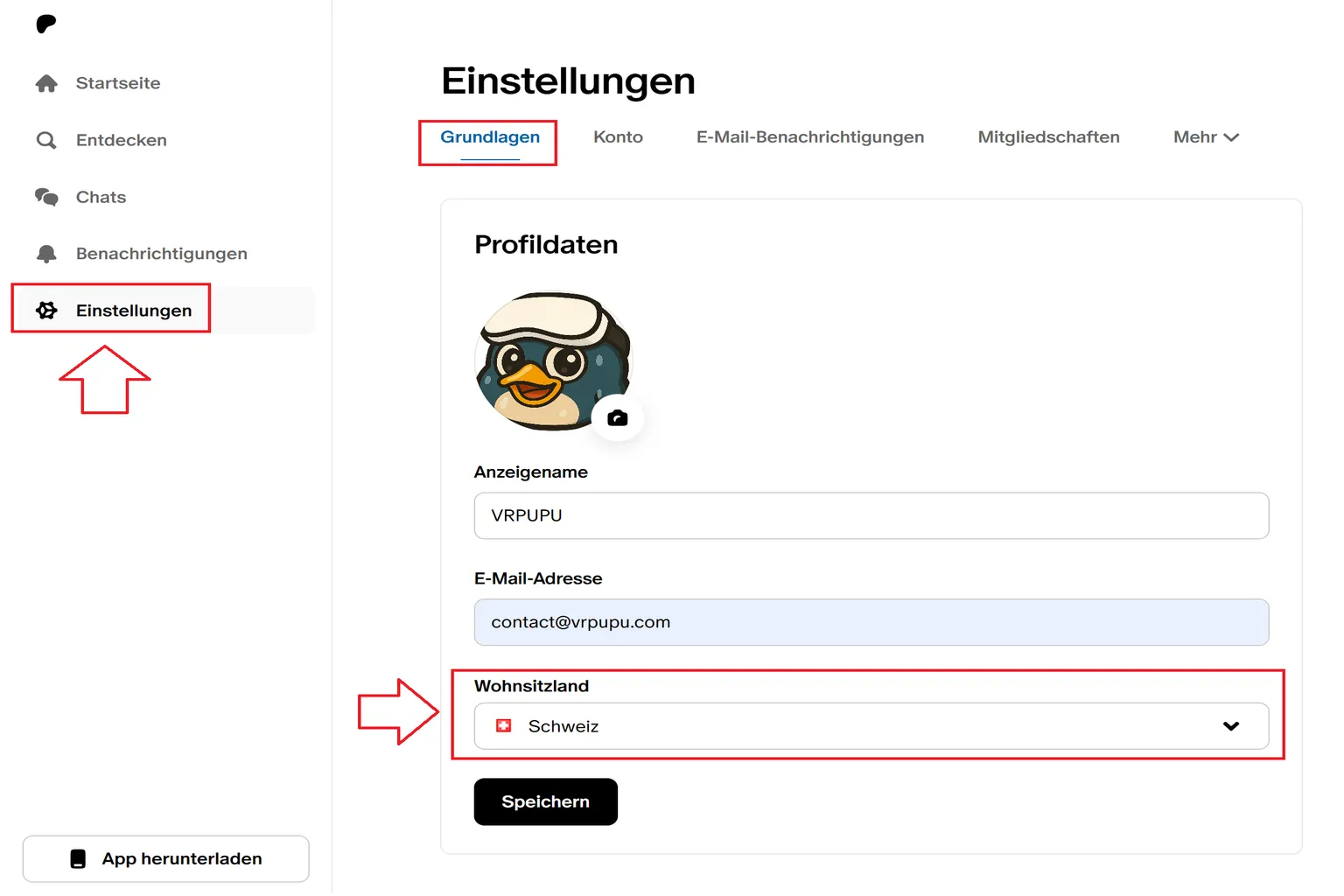 Patreon Einstellungen-Seite zeigt „Grundlagen“ und „Wohnsitzland“, Demonstration der Änderung des Landes zur Beeinflussung des Abo-Preises