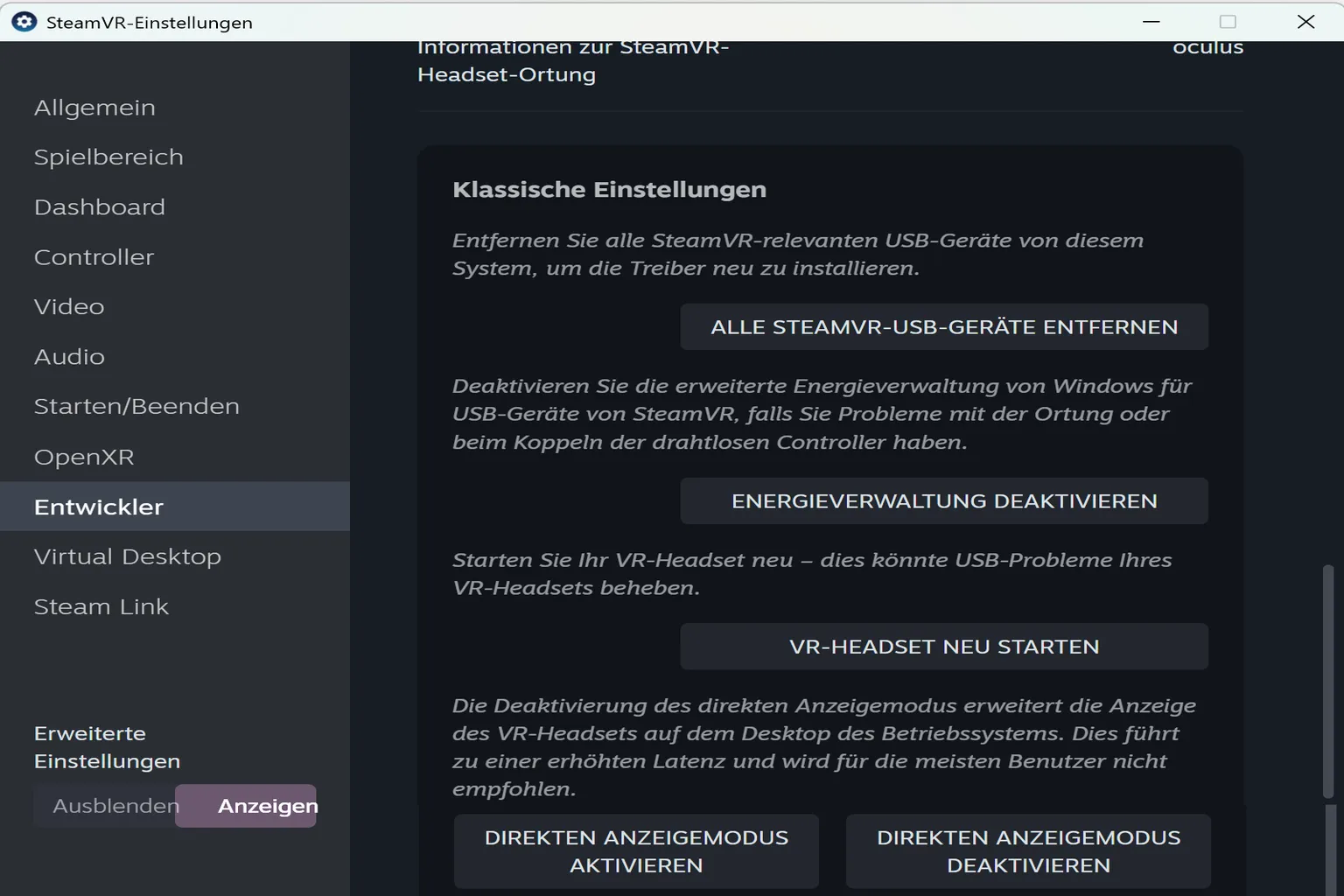 In den erweiterten USB- und Direct-Mode-Einstellungen kannst du USB-Geräte entfernen und das Headset neu starten.