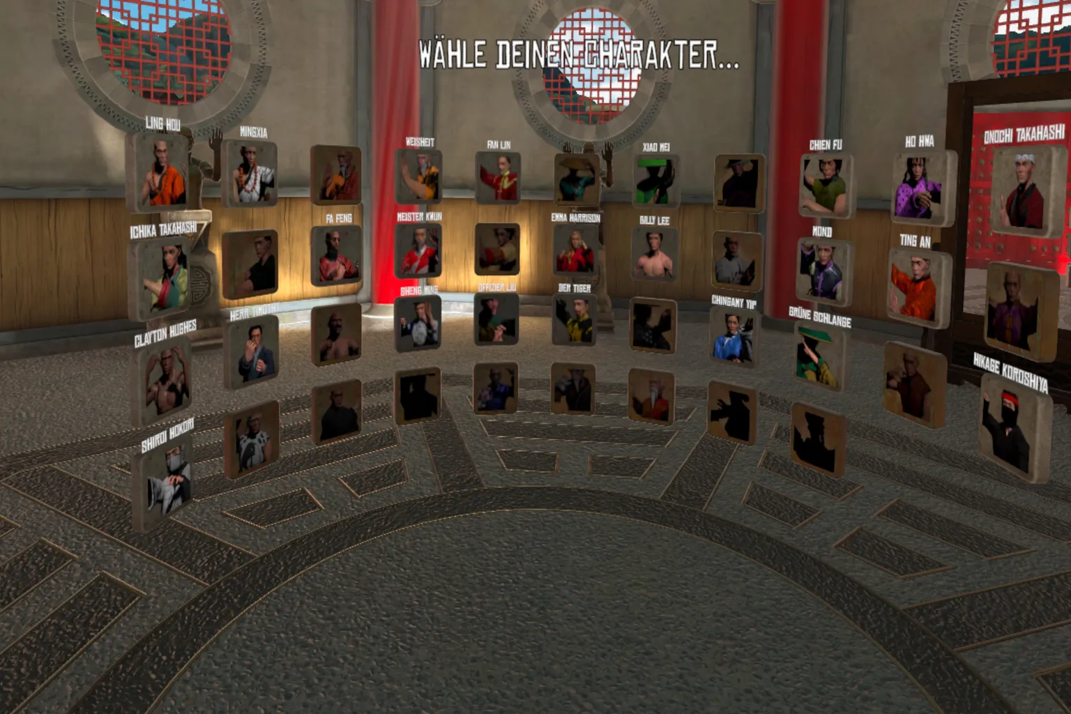 Charakterauswahl mit mehreren Kämpfern in einem runden Raum, Anzeige „WÄHLE DEINEN CHARAKTER…“ über den Figuren.
