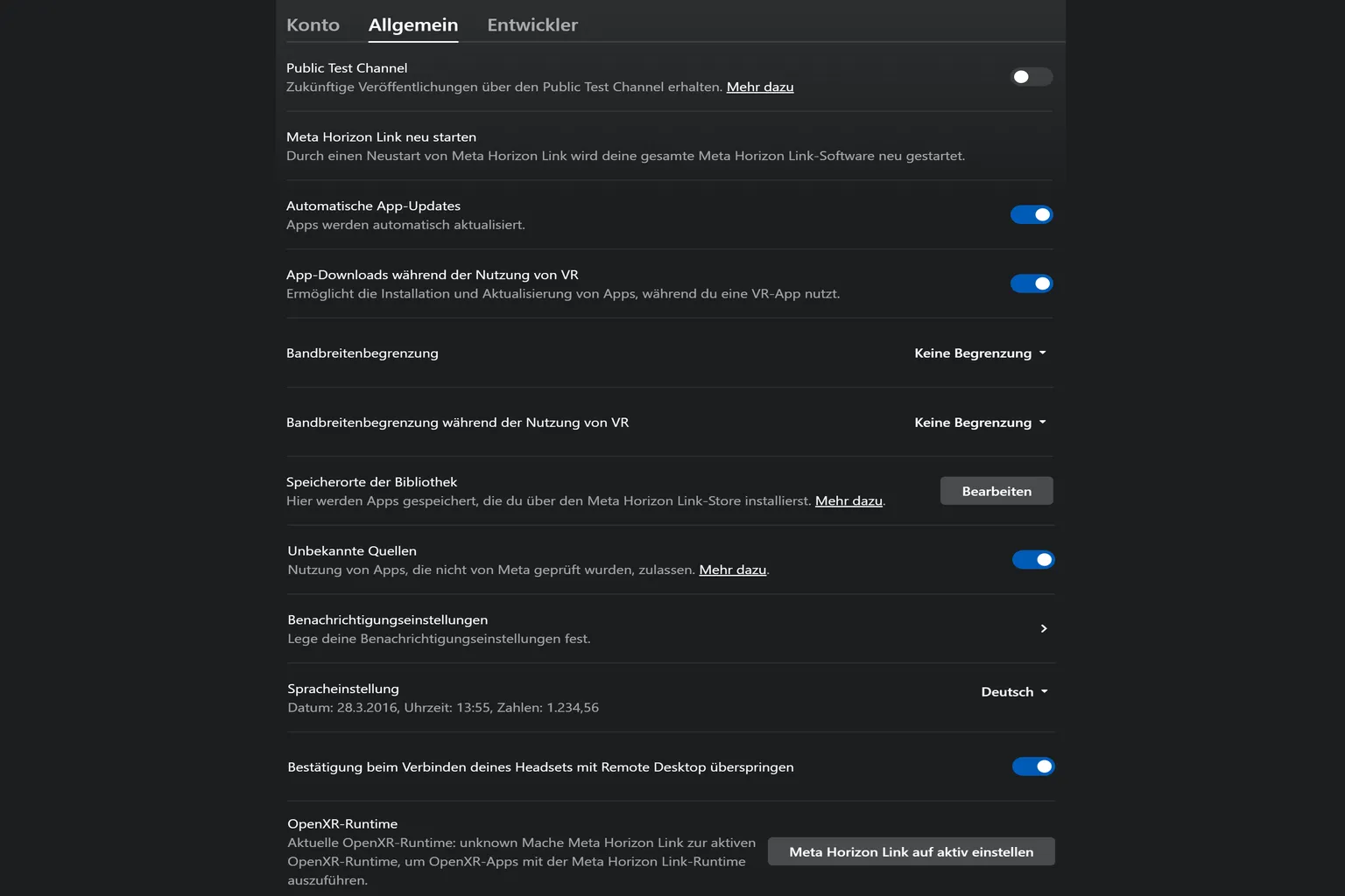 Meta Horizon Link Allgemeine Einstellungen mit App-Updates, Bandbreitenlimit, Unbekannte Quellen-Schalter und Spracheinstellungen