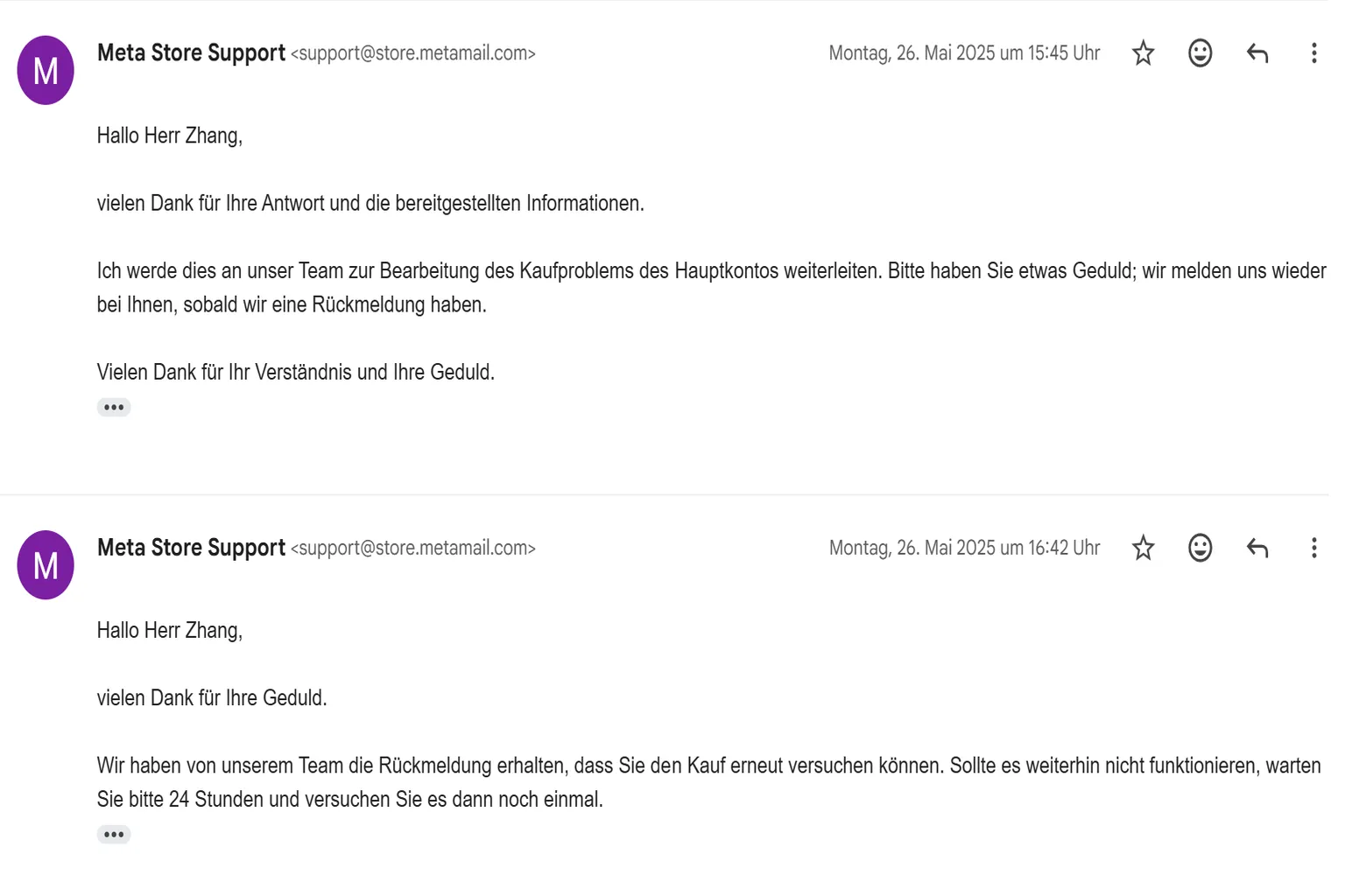 Standardantwort vom Meta Store Support. Darin steht, dass das Kaufproblem des Accounts an das interne Team weitergeleitet wurde.