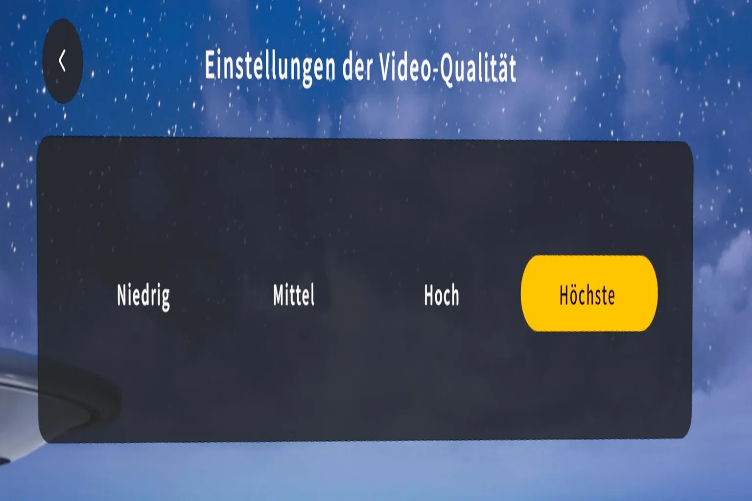 Moon VR Player Bildschirm für die Videoqualitäts-Einstellungen mit vier verfügbaren Optionen: Normal, Gut, Hoch und Beste.