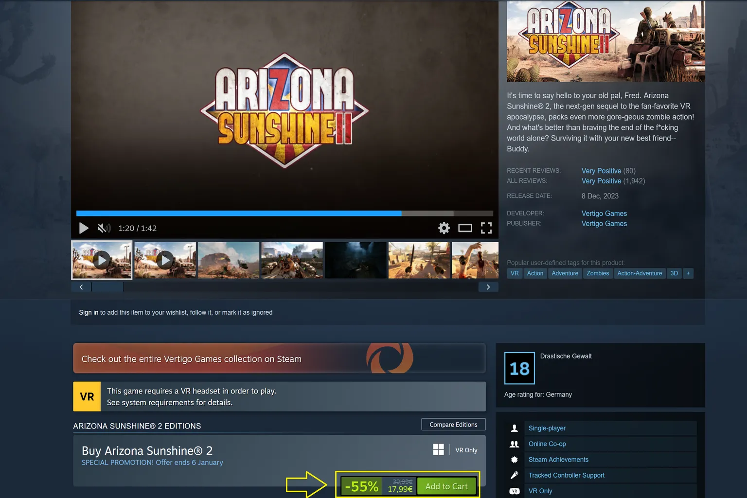 Steam-Store-Seite für Arizona Sunshine 2. Neben dem Preis steht nur die VR-Version, ohne Hinweis auf Quest- oder Rift-Kompatibilität. Diese Art von Kauf ist nicht für Meta Cross-Buy geeignet.