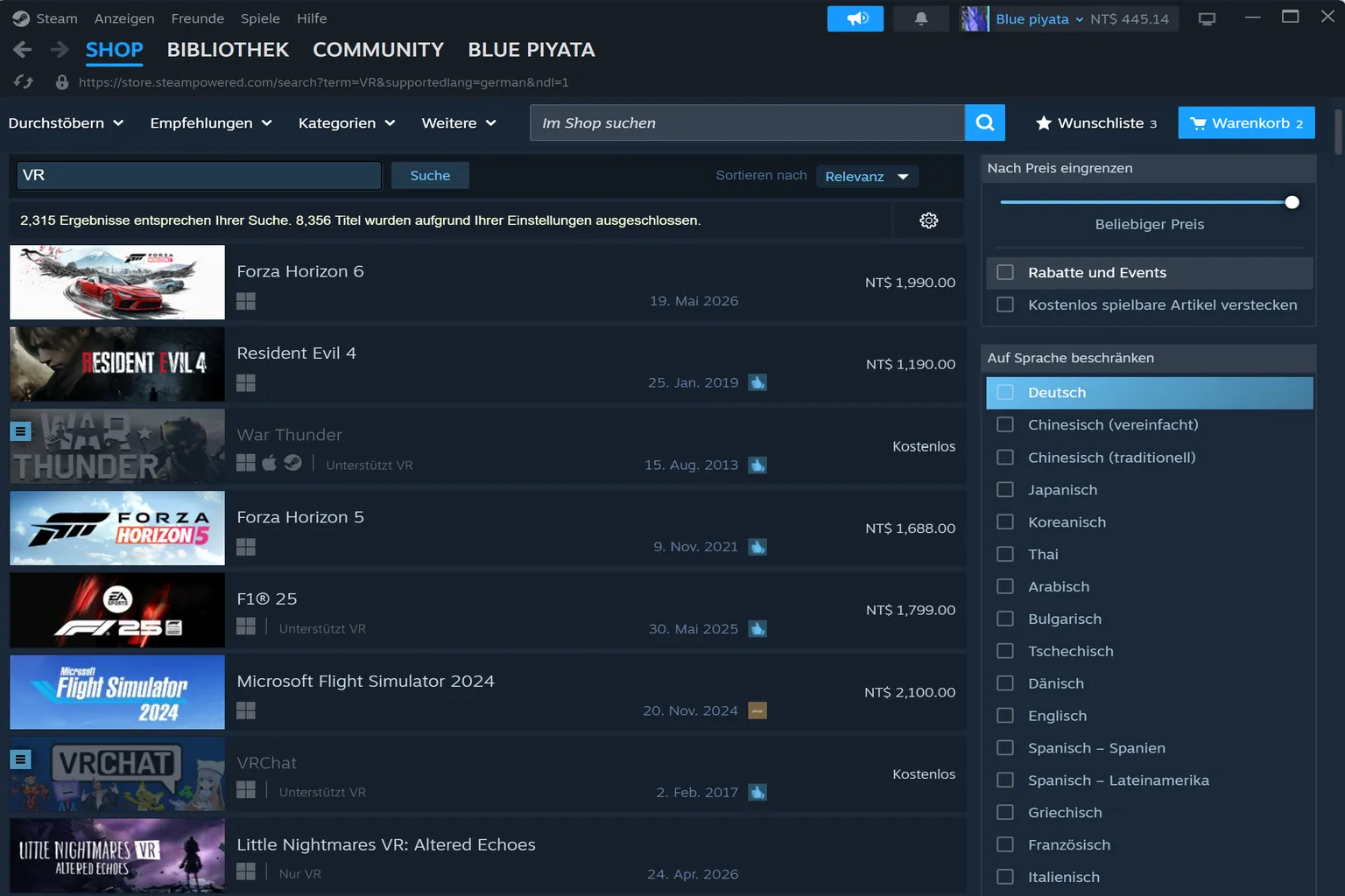 Steam-Suchergebnisse für VR-Spiele auf der PC-Gaming-Plattform. Angezeigt werden aktuelle Rabattpreise beliebter VR-Titel sowie Optionen zur Sprachfilterung.