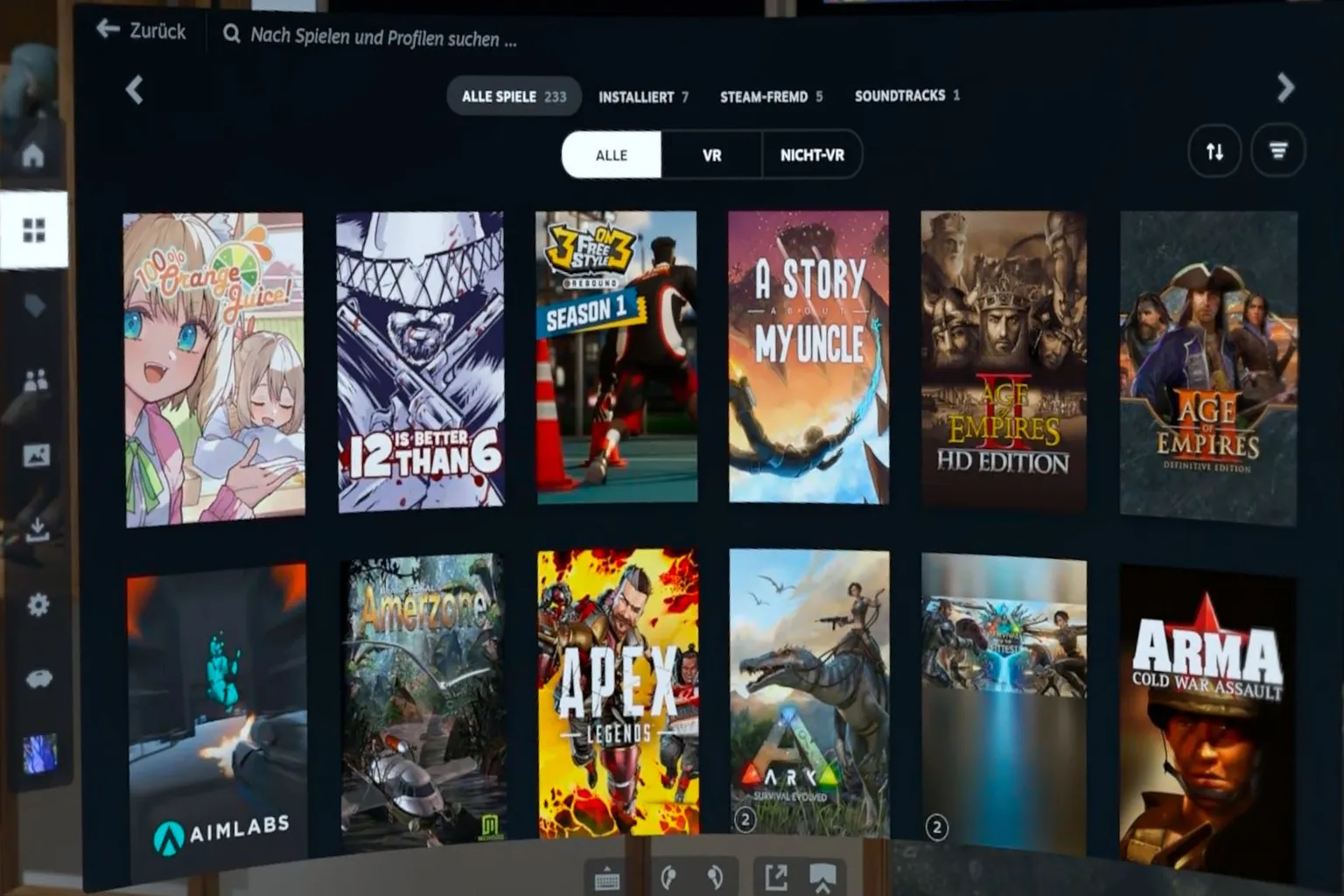 Im SteamVR-Bibliotheksbildschirm ist der Tab „Spielebibliothek“ ausgewählt. Rechts wird eine Liste der installierten Spiele angezeigt.