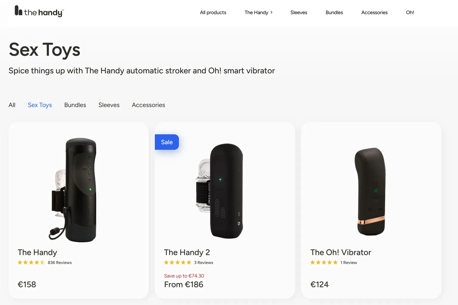 The Handy Produktseite mit Kategorie Sex Toys, zeigt automatische Geräte und Vibrator mit Preisen und Bewertungen