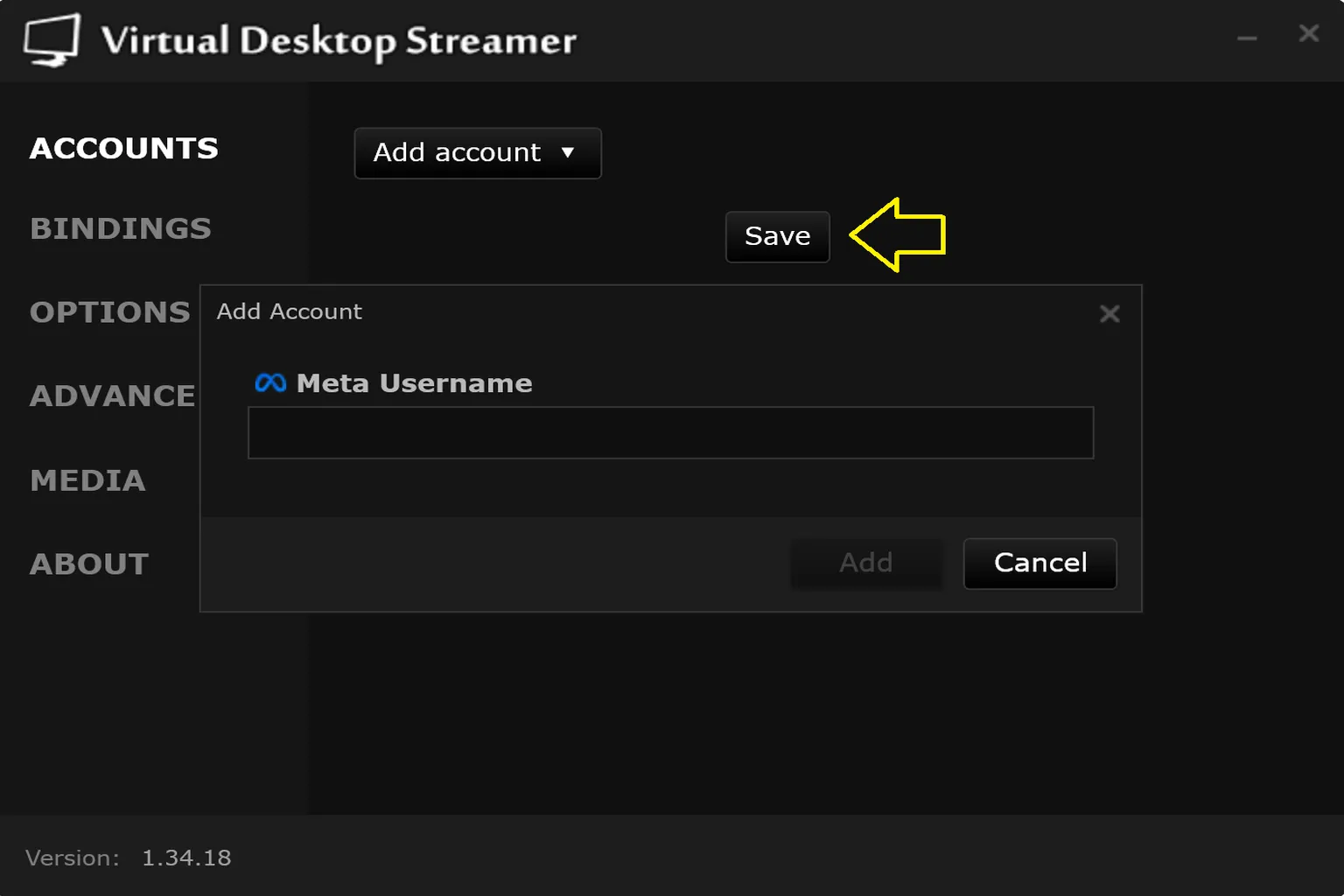 Auf dem Virtual Desktop Login-Bildschirm gibt es Felder für Konten wie Meta, Pico, Google oder Viveport. Unten rechts erscheint eine Save-Schaltfläche.