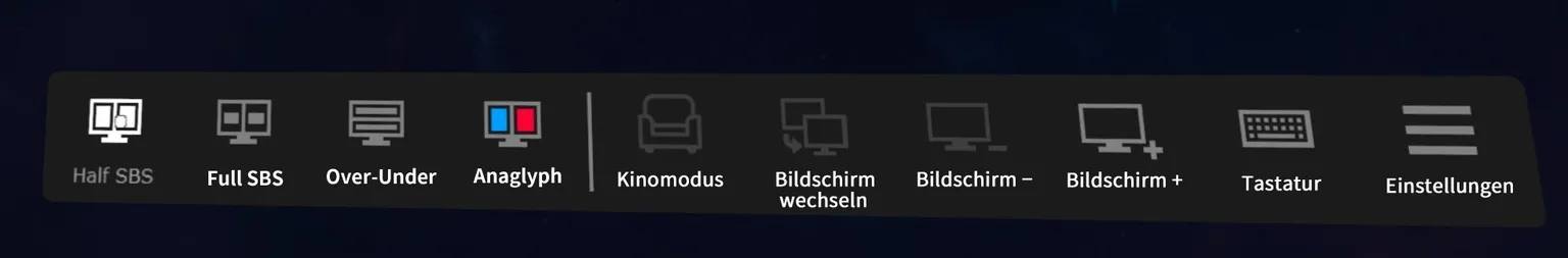 Am unteren Rand der Virtual Desktop VR-Oberfläche siehst du eine Menüleiste mit mehreren Funktions-Tabs.