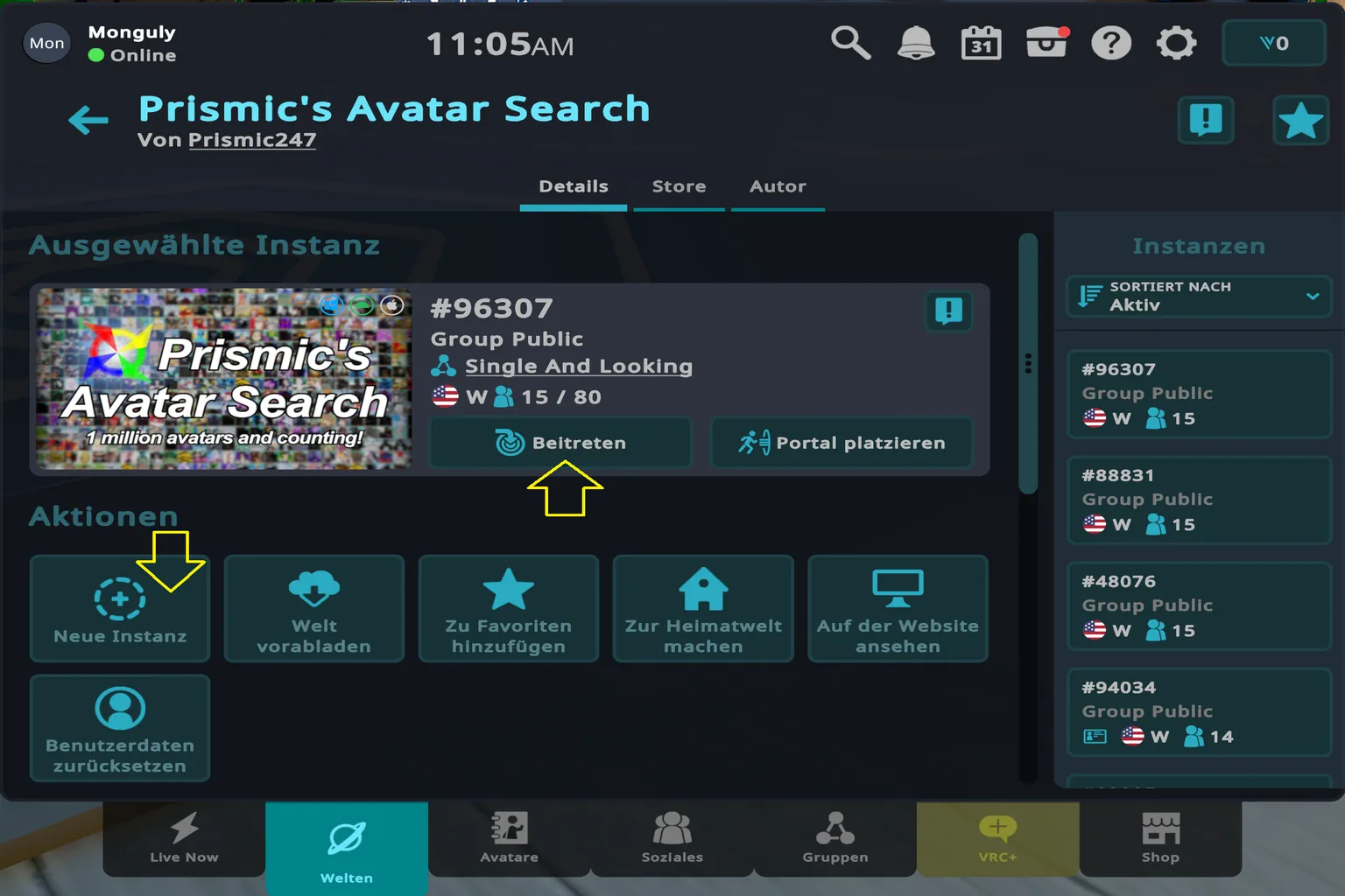 Lobby-Informationsbildschirm der Welt Prismic Avatar Search mit Spieleranzahl und Gruppen-Sichtbarkeitseinstellungen.
