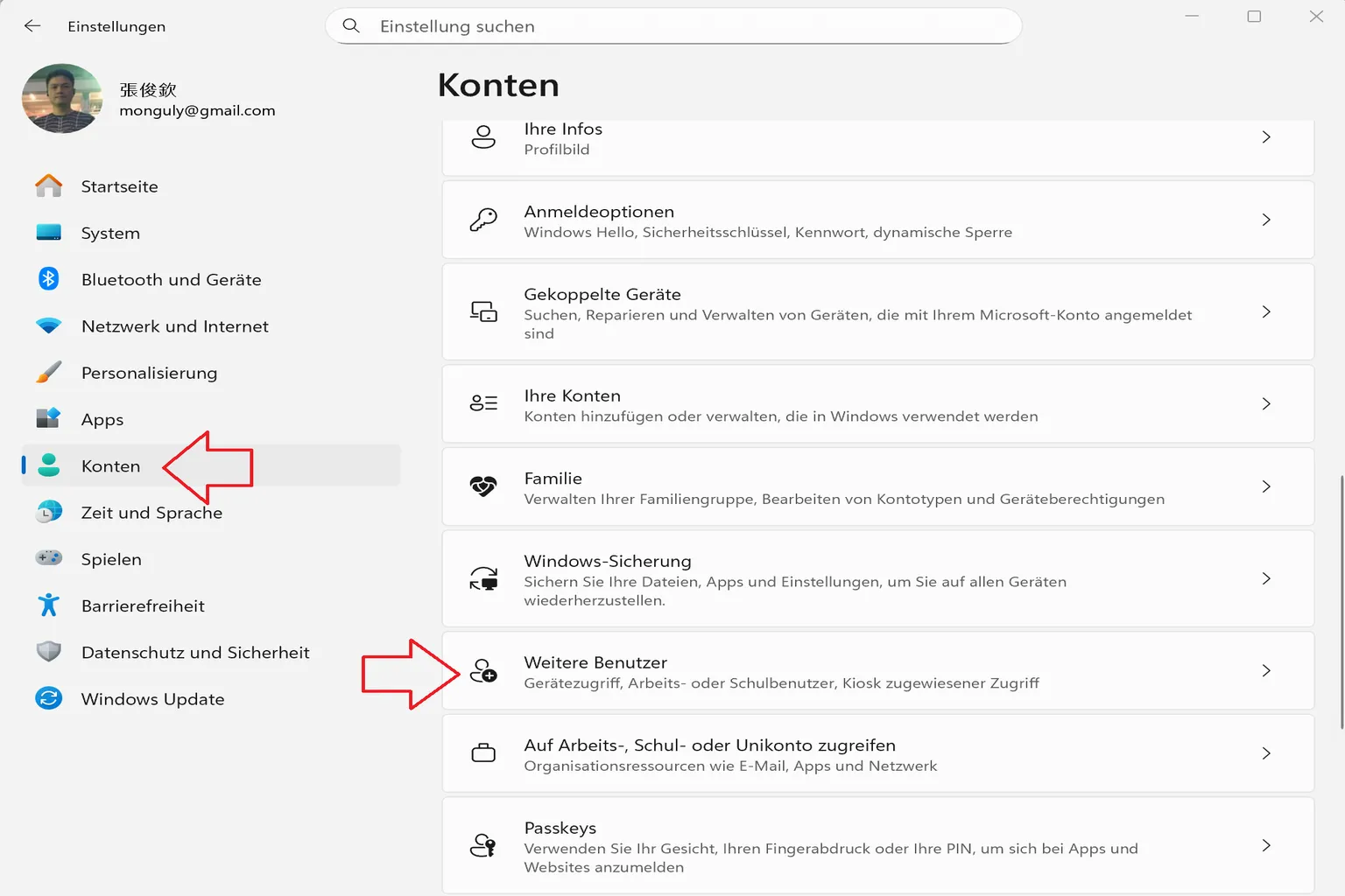 Öffnen des Kontomenüs und Vorbereitung zum Hinzufügen eines neuen lokalen Benutzers.