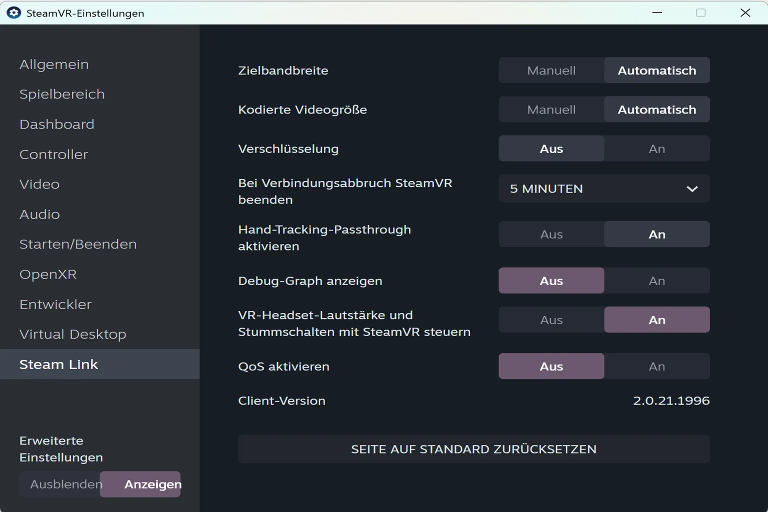 In den Steam-Streaming-Einstellungen passt du Zielbandbreite, Hand-Tracking-Passthrough-Modus und Audio-Stummschaltung an.