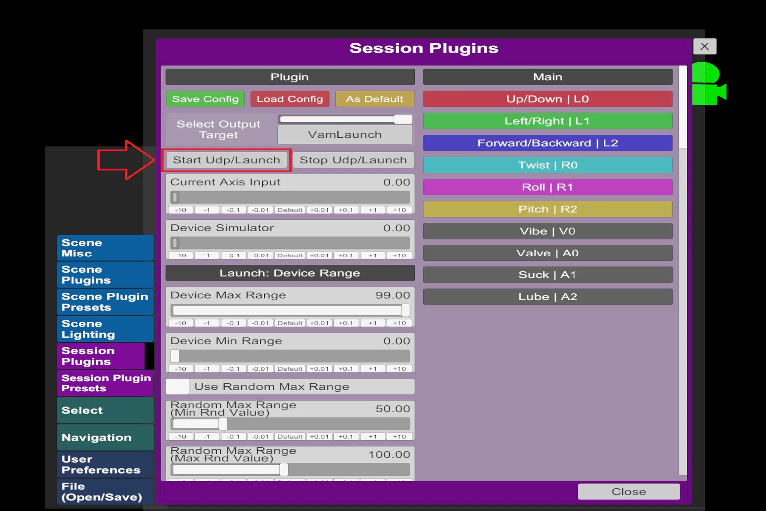 Im Plugin-Bildschirm von ToySerialController klickst du auf Start Udp Launch, um die Verbindung mit The Handy zu starten.