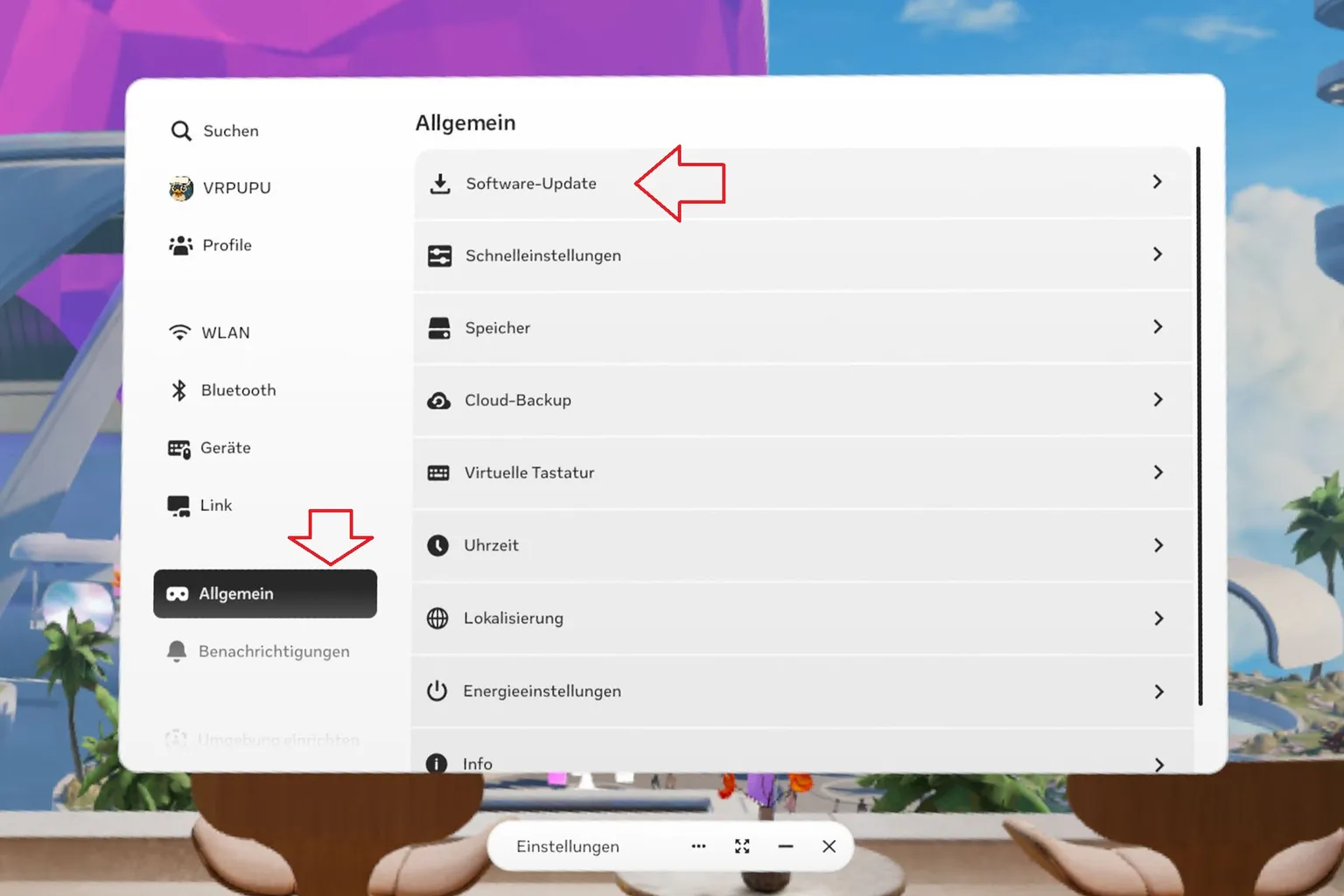Zur Seite General gehen, um nach Software-Updates und Systeminformationen zu sehen