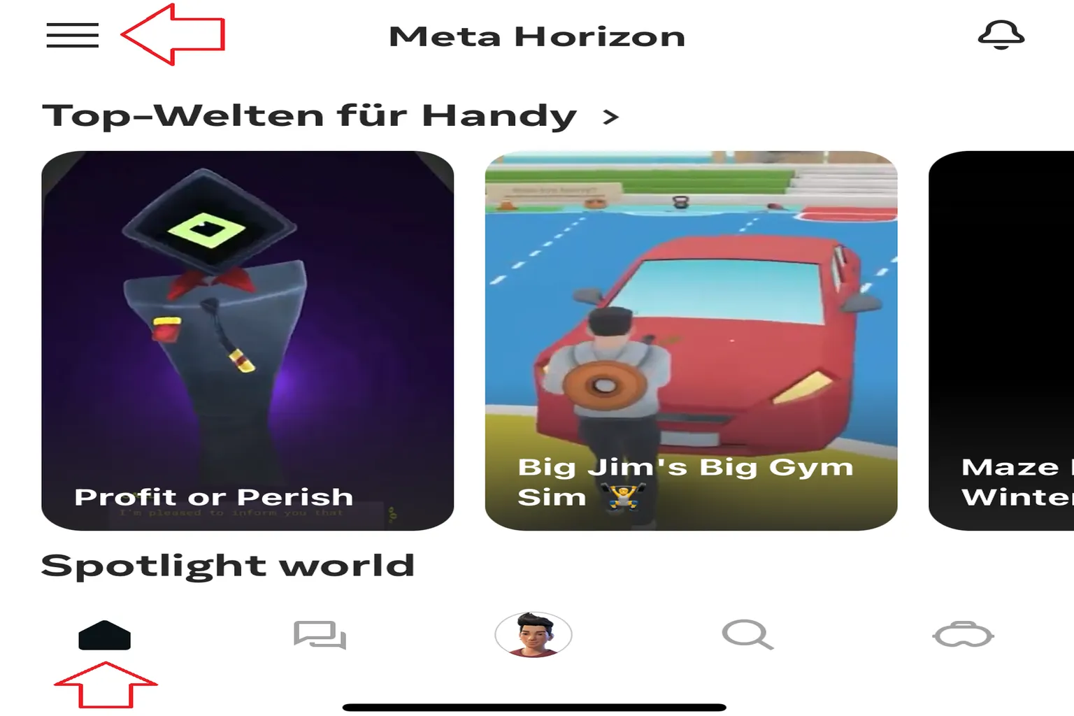 Startseite der Meta-Horizon-App mit markierten Menü-Icons oben links und unten für Navigation und Zugriff auf verschiedene VR-Welten