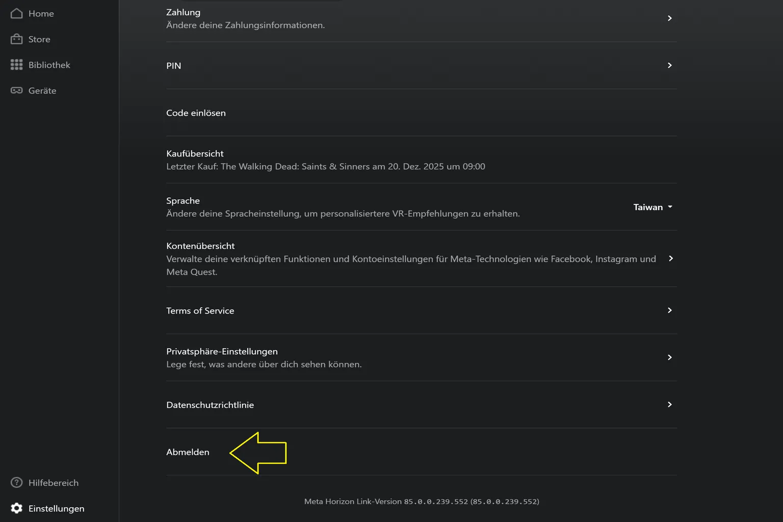 Meta Horizon Link Bestätigungsfenster zum Abmelden mit der Meldung Möchtest du dich wirklich abmelden sowie den Schaltflächen Schließen und OK