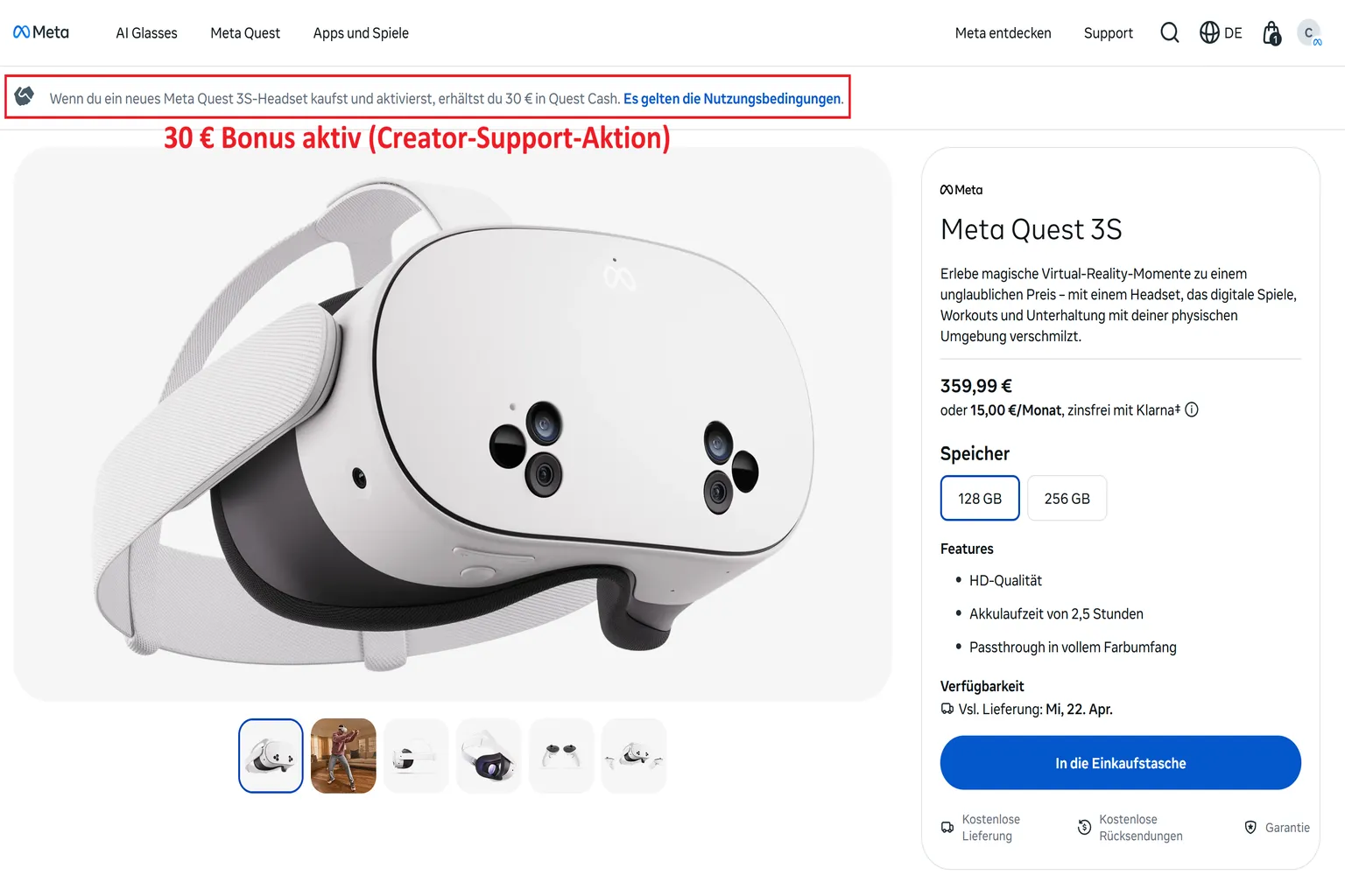 Meta Quest 3 über einen Creator-Link in den Warenkorb gelegt. Unter dem Produkt erscheint der Hinweis, dass nach dem Kauf 30 € Prämie gutgeschrieben werden.