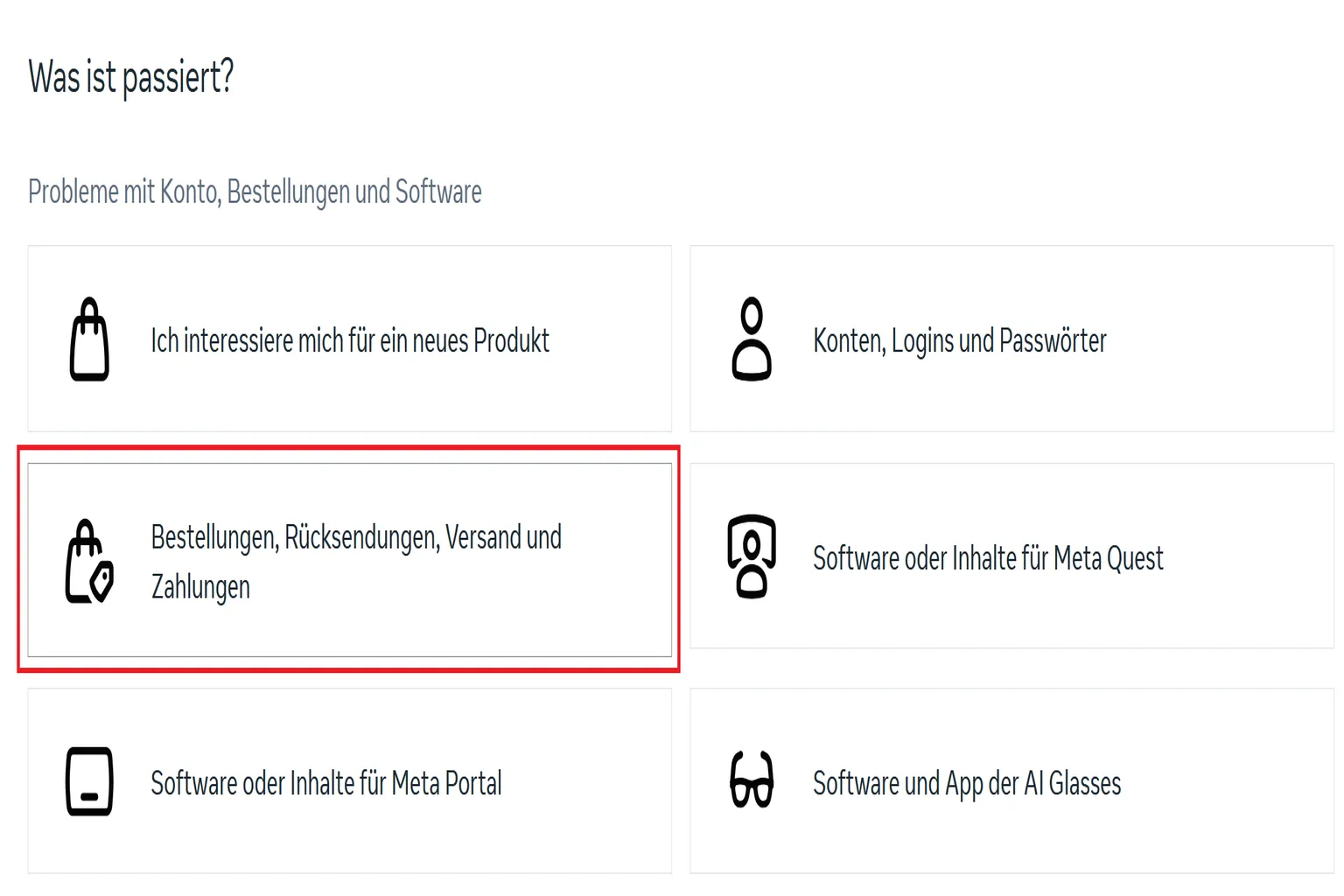 Meta-Support-Seite zur Auswahl der Kategorie. Der Nutzer wählt „Orders, returns, shipping and payments“ als Problemtyp aus.