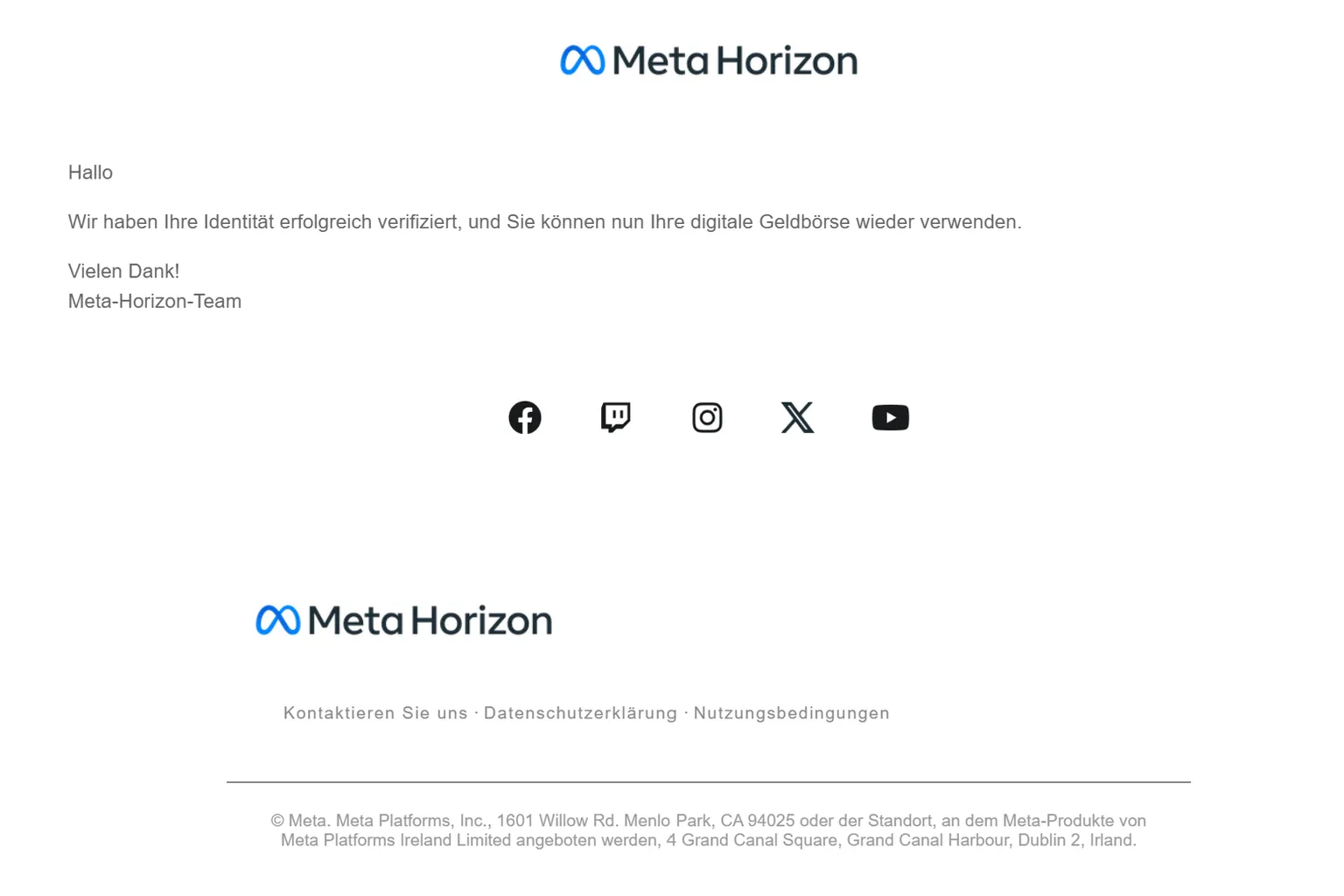 E-Mail-Benachrichtigung von Meta Horizon mit der Bestätigung, dass das Wallet erfolgreich zurückgesetzt wurde und die Identitätsprüfung abgeschlossen ist.