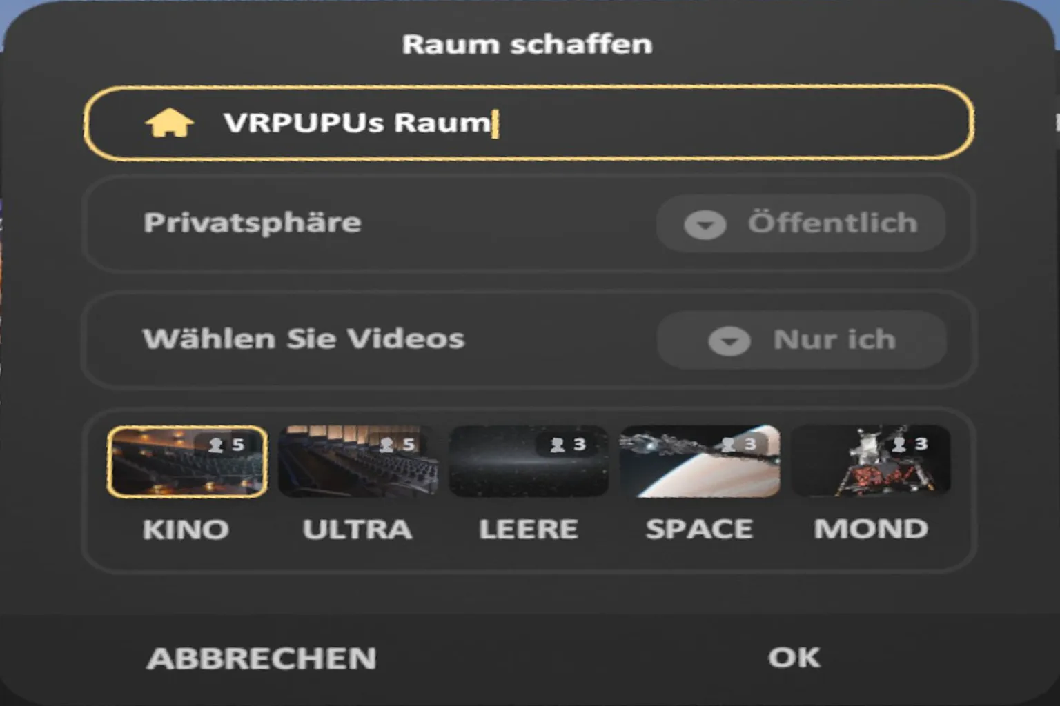 Beim Erstellen eines Raums kannst du eine Szene wählen, zum Beispiel ein Kino oder eine Raumstation. Je nach Szene gibt es unterschiedliche Teilnehmerlimits.