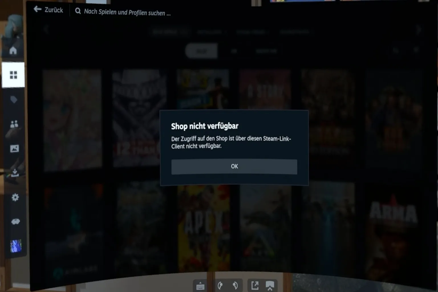 Wenn der SteamVR-Store nicht verfügbar ist, erscheint eine Fehlermeldung. Darin wird erklärt, dass der Store im Streaming-Modus nicht angezeigt werden kann.