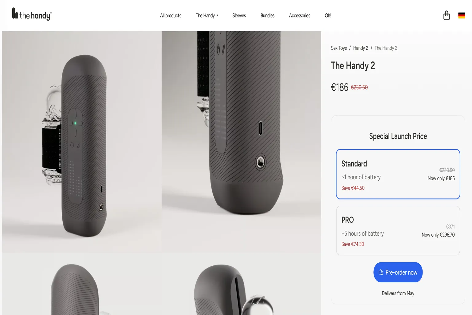 The Handy 2 Produktseite mit Standard- und Pro-Version, zeigt Preise, Akkulaufzeit und Rabattanzeige