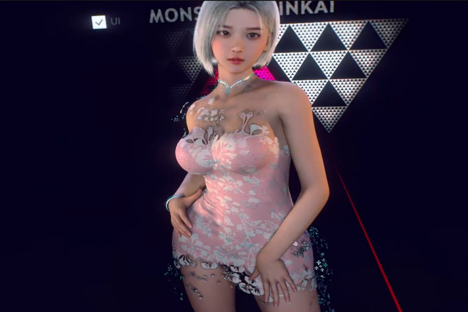 Eine weibliche Figur im koreanischen Stil trägt ein pinkes Cheongsam mit Blumenmuster und steht in der Mitte der Bühne. Der Hintergrund ist eine saubere Präsentationsfläche ohne sichtbare UI-Elemente.