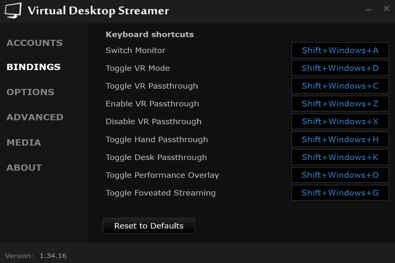 Auf der Seite für Tastenkürzel im Virtual Desktop Streamer kannst du Tasten zuweisen, um Aktionen schnell direkt vom PC aus zu wechseln.