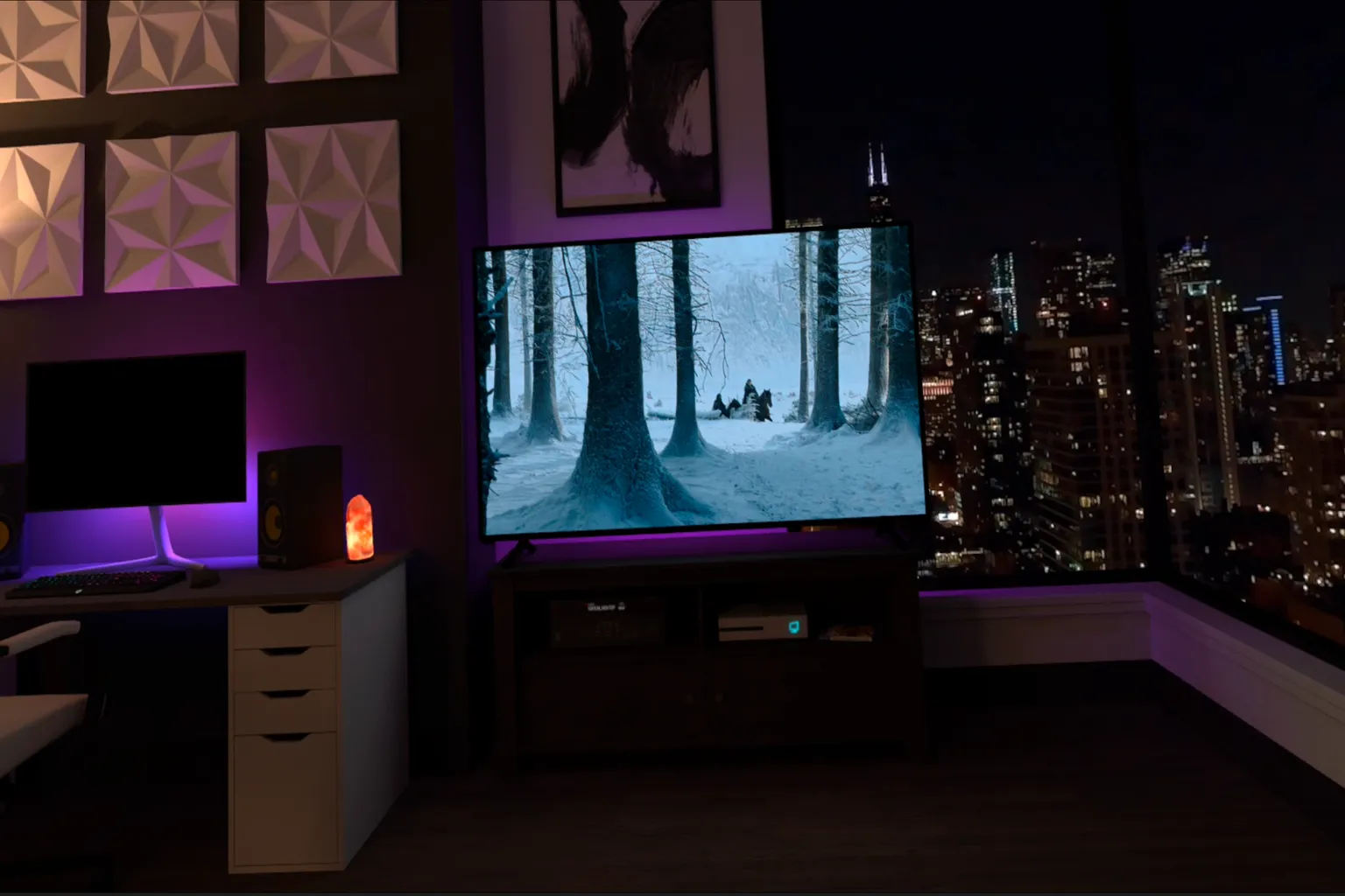Während du Inhalte in der Heimkino-Umgebung anschaust, werden links im Virtual Desktop Bildschirm das Umgebungsmenü und die aktuellen Videoinformationen angezeigt. So kannst du Hintergründe wechseln oder Details prüfen, ohne die Wiedergabe zu unterbrechen.