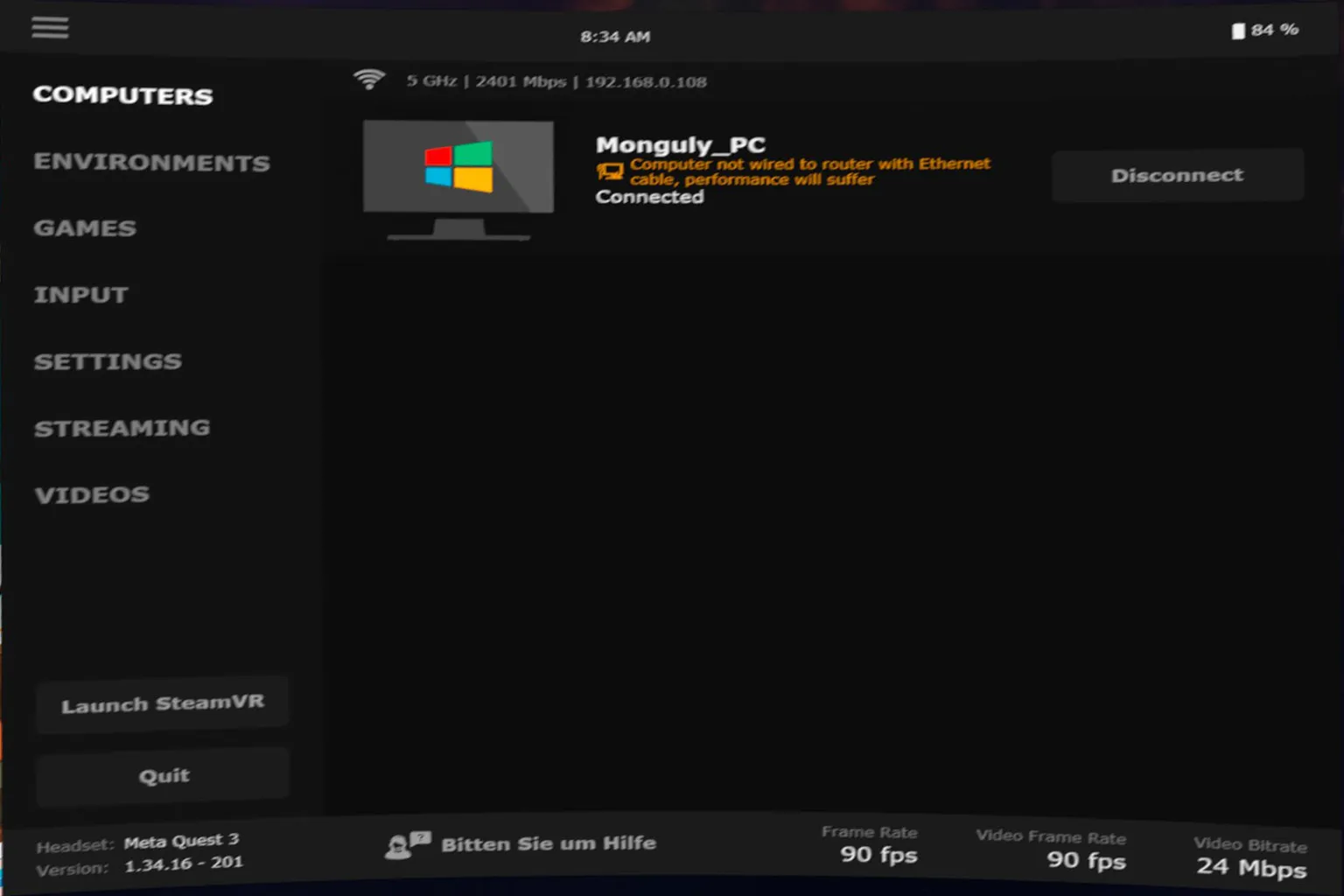 Auf der Seite Computers in Virtual Desktop kannst du auswählen, von welchem PC gestreamt wird, und auch die Desktop-Auflösung festlegen.