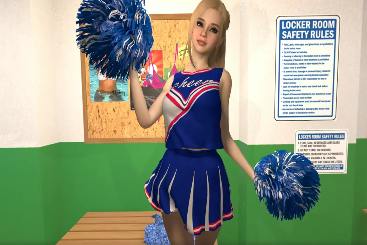 Eine Cheerleader-Figur, die in einer Umkleidekabine Pompons schwenkt. Sie trägt eine blaue Uniform und kommt mit einem Lächeln auf die Kamera zu. Im Hintergrund sind Pinnwände und Sicherheitshinweise zu sehen.