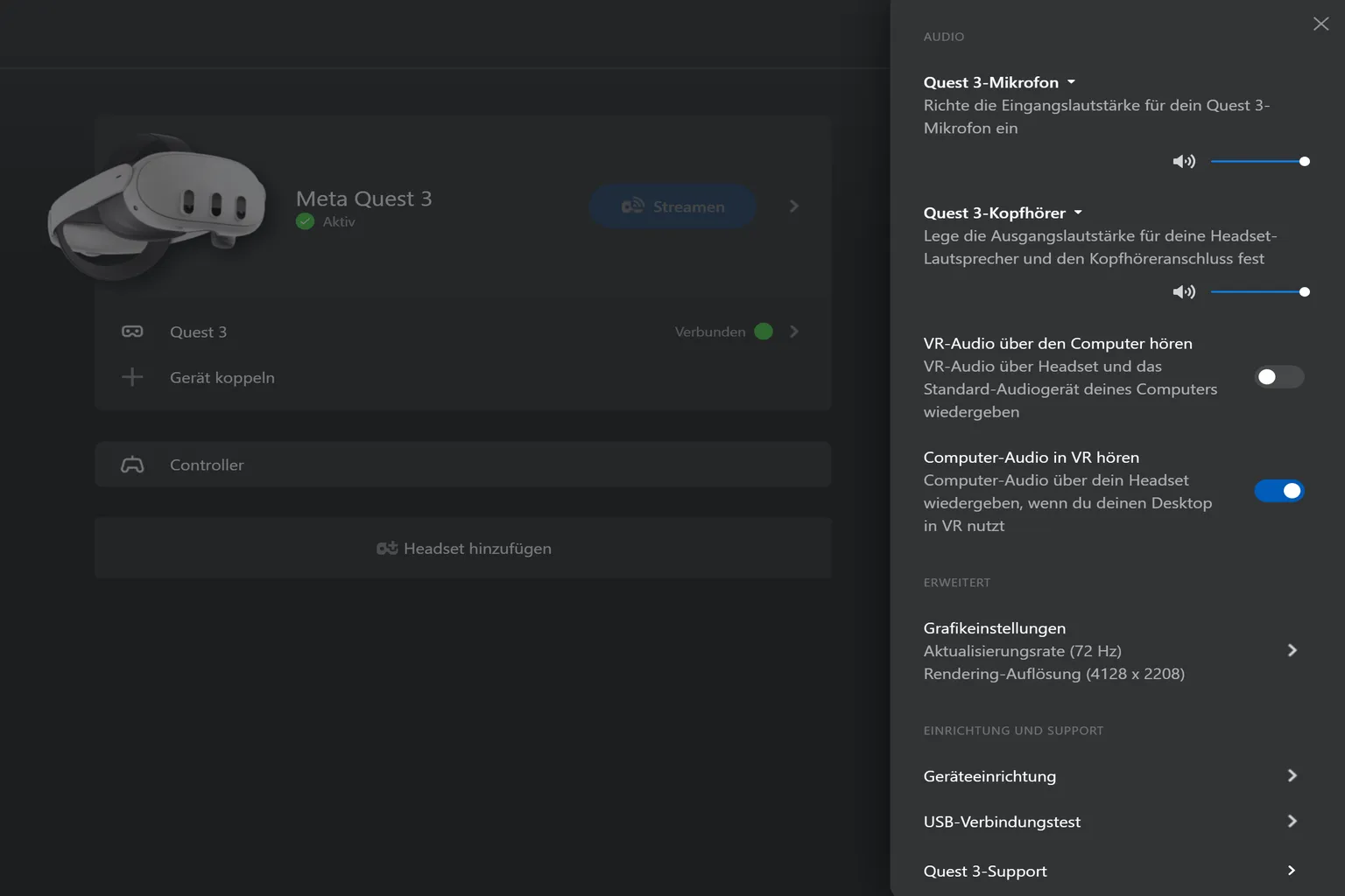 Meta Quest 3 Audioeinstellungen mit Mikrofoneingang, Kopfhörerausgang und VR-Audio-Routing