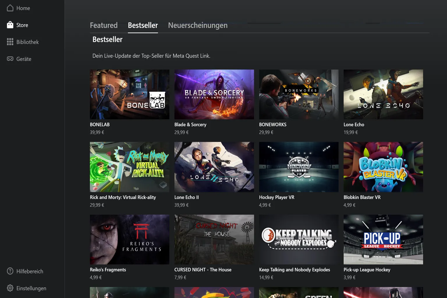 Meta Quest Store Liste mit beliebten Spielen, darunter bekannte Titel wie Vader Immortal, Walkabout Mini Golf und Green Hell VR.