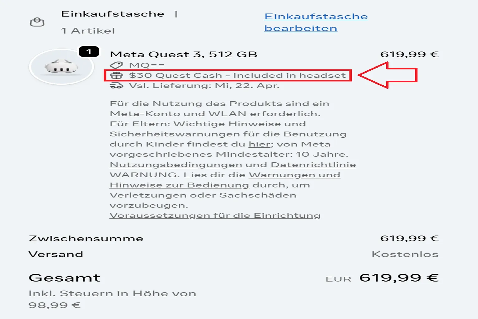 Checkout-Seite mit dem Hinweis „You will receive 30 $ Quest Cash after purchase“. Damit wird bestätigt, dass die Creator-Prämie angewendet wurde.