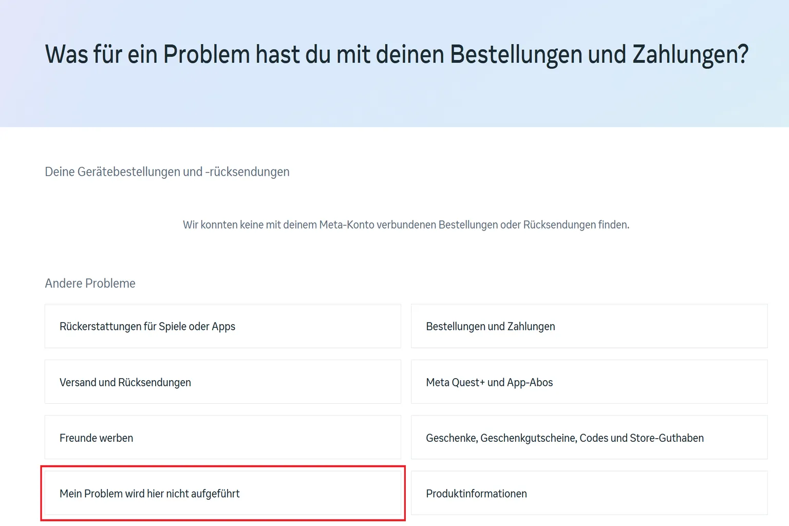 Meta-Support-Menü „Other issues“. Ein Pfeil zeigt auf „My issue is not listed here“, was auf weitere Support-Optionen hinweist.