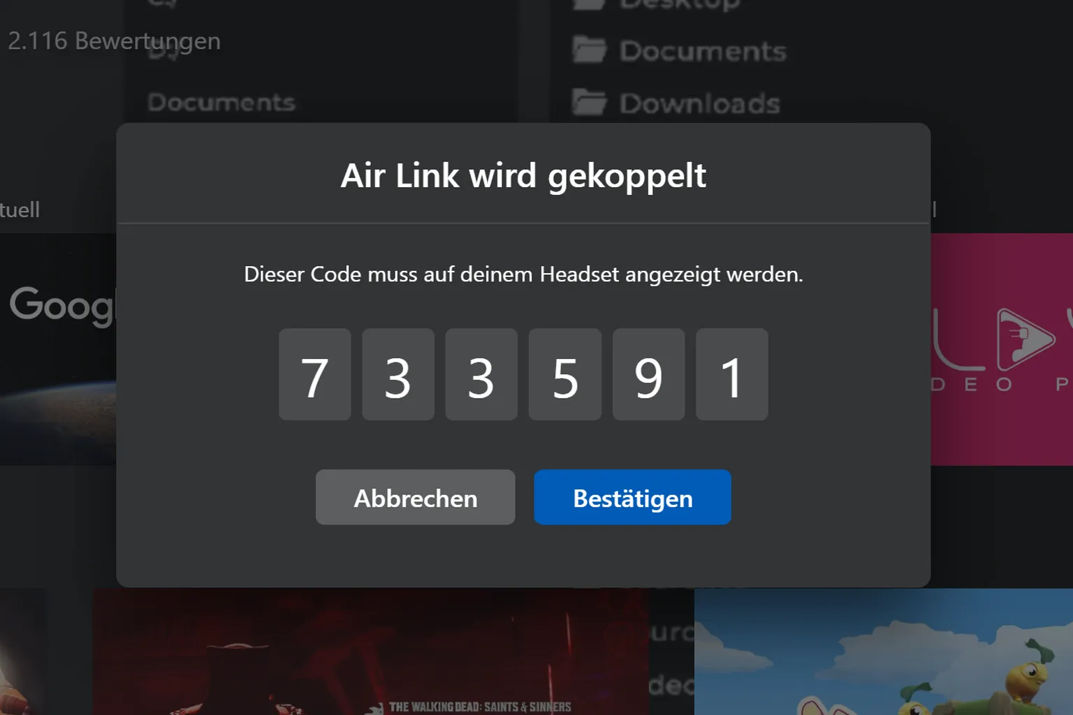 Kopplungsbildschirm von Air Link mit einem sechsstelligen Code. Der Code soll auf dem PC bestätigt werden.
