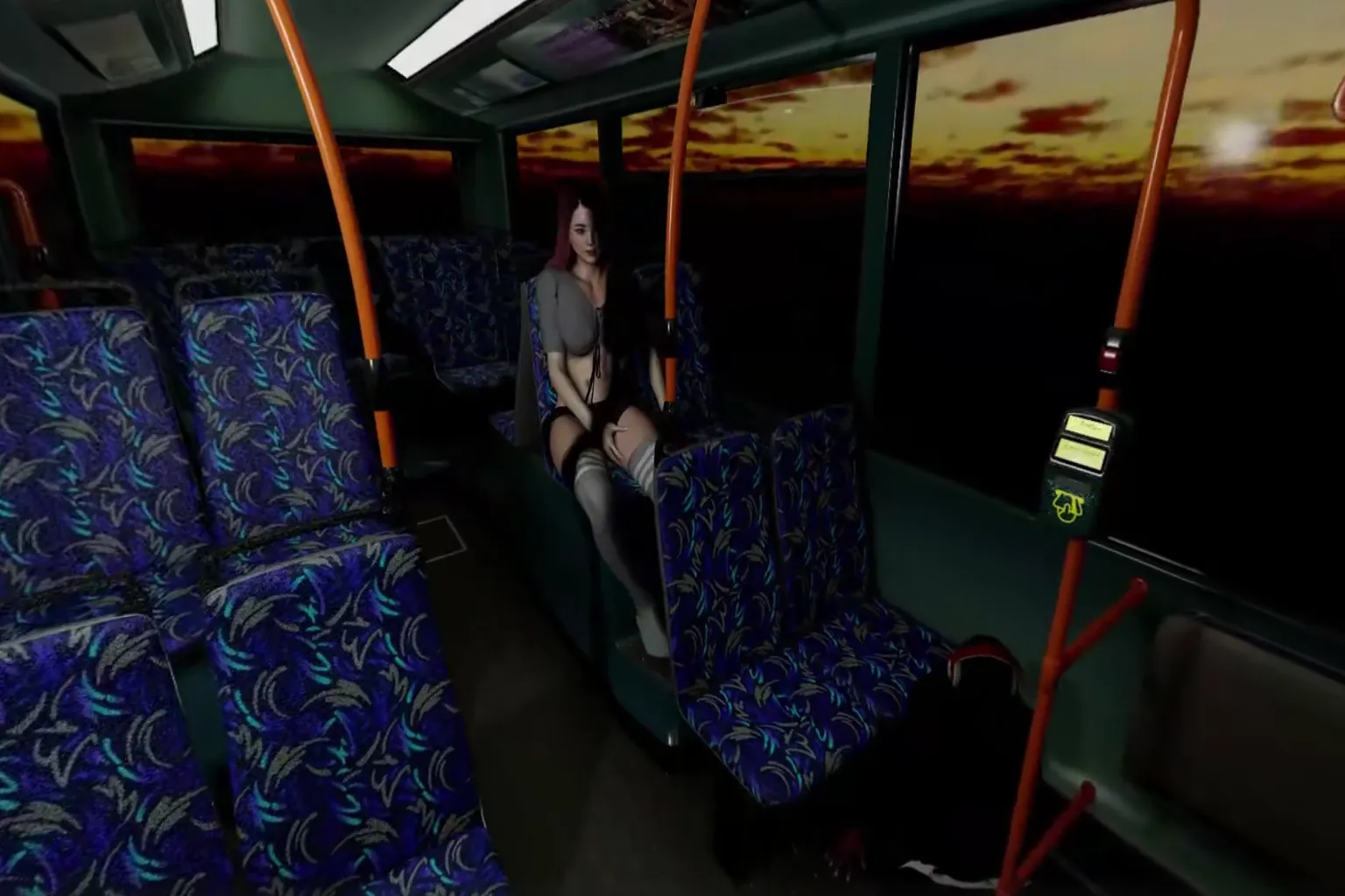 Eine Aufnahme eines virtuellen Mädchens, das nachts auf einem Bussitz sitzt. Innenbeleuchtung im Bus kontrastiert mit dem Sonnenuntergang, der durch das Fenster zu sehen ist, und vermittelt klar sowohl den Szenenaufbau als auch die Atmosphäre der Figur.