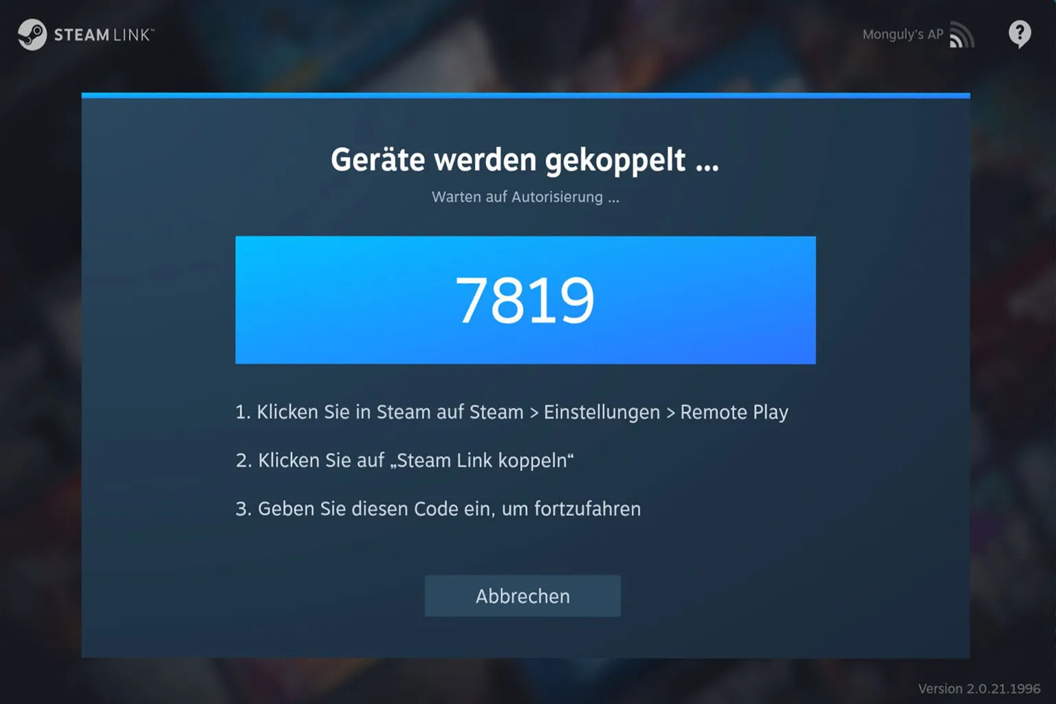 In Steam Link wird ein vierstelliger Kopplungscode angezeigt. Gib diesen Code auf deinem PC ein, um die erste Geräteauthentifizierung abzuschließen.