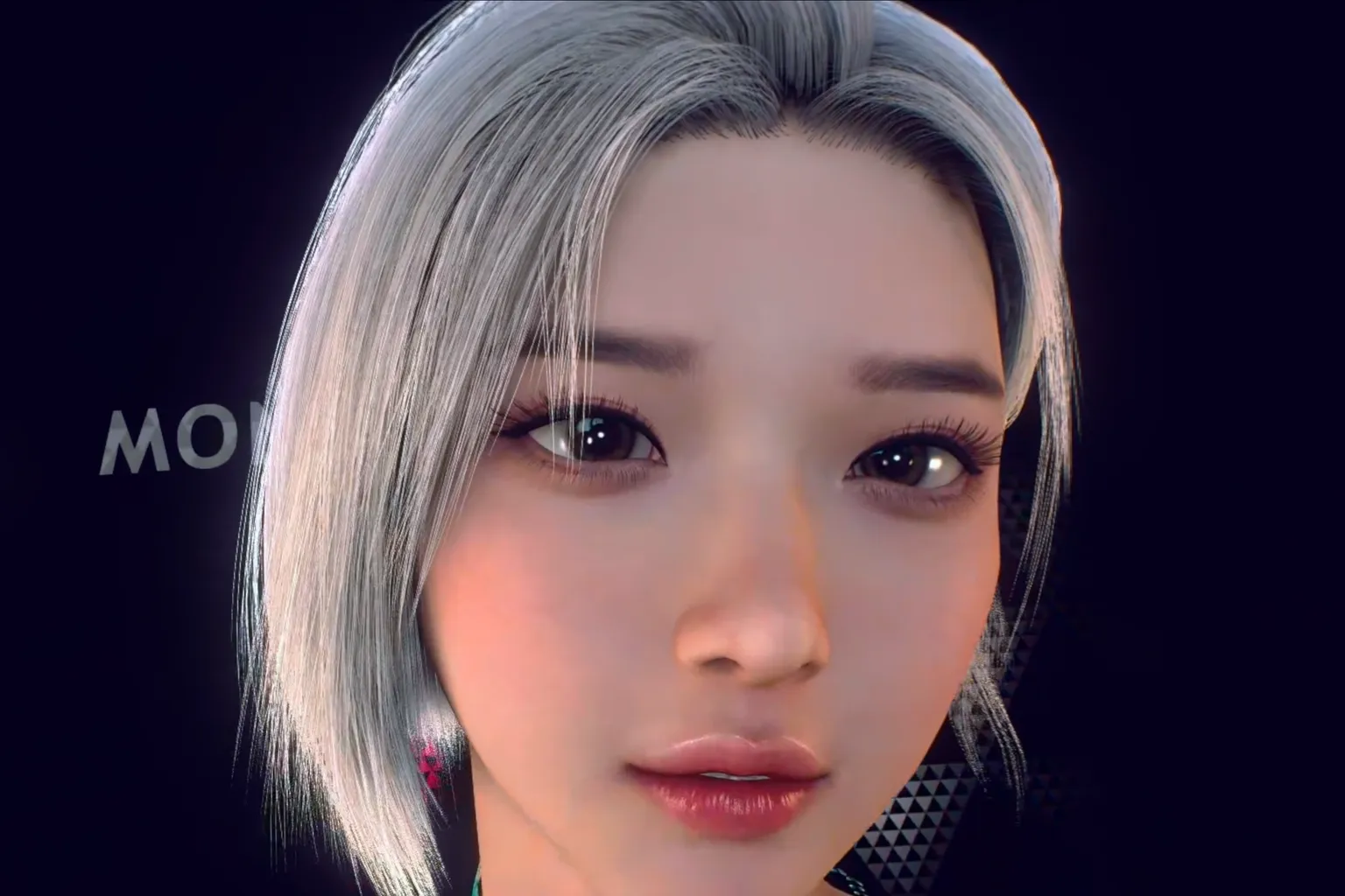Nahaufnahme des Gesichts und Blicks einer Figur im koreanischen Stil. Sehr realistische Gesichtsdetails sind sichtbar, während Tiefe in Haaren und Augen besonders betont wird.
