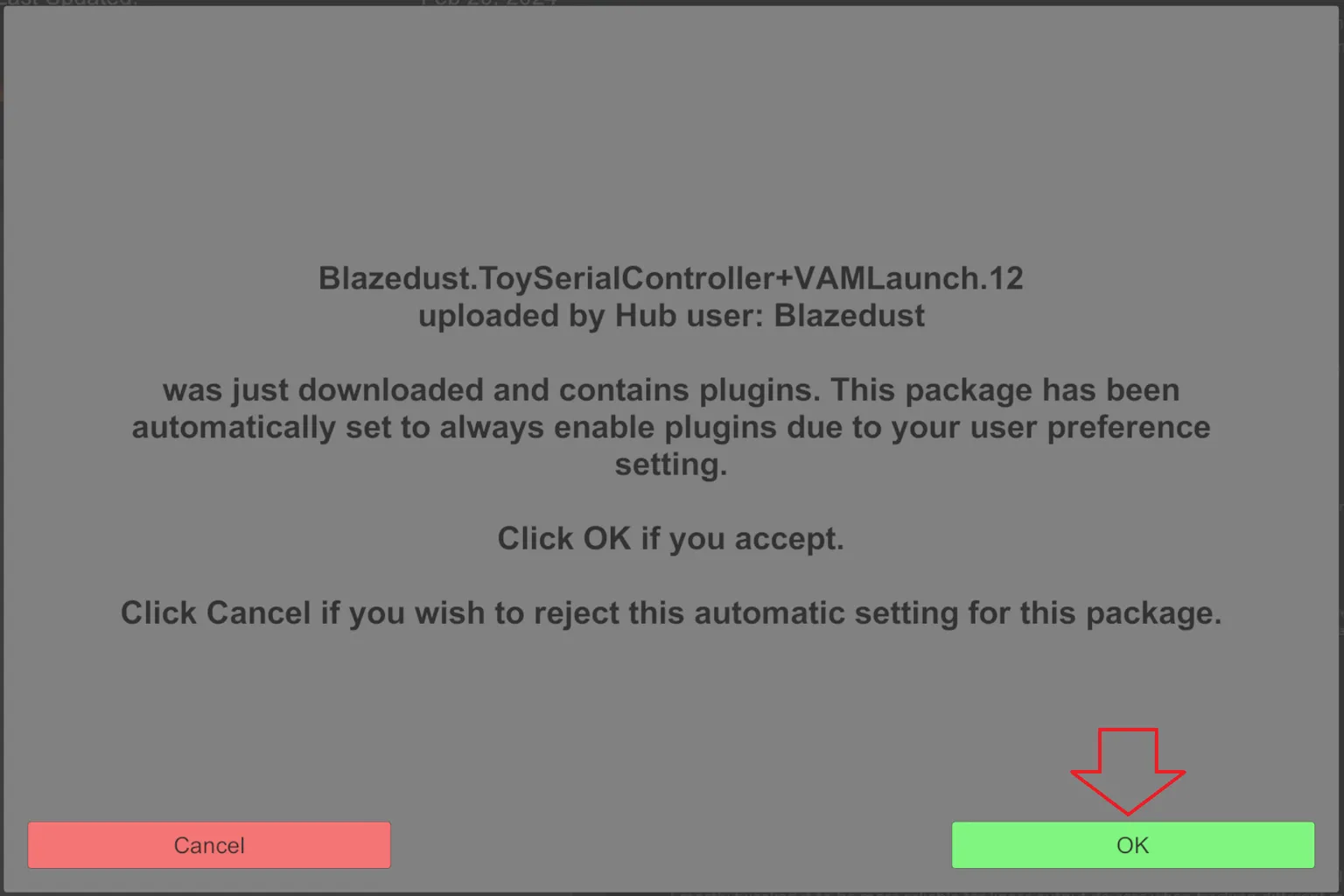 Das ist der Bestätigungsbildschirm für die Plugin-Installation in VaM. Aktiviere einfach das Plugin und klicke auf OK.