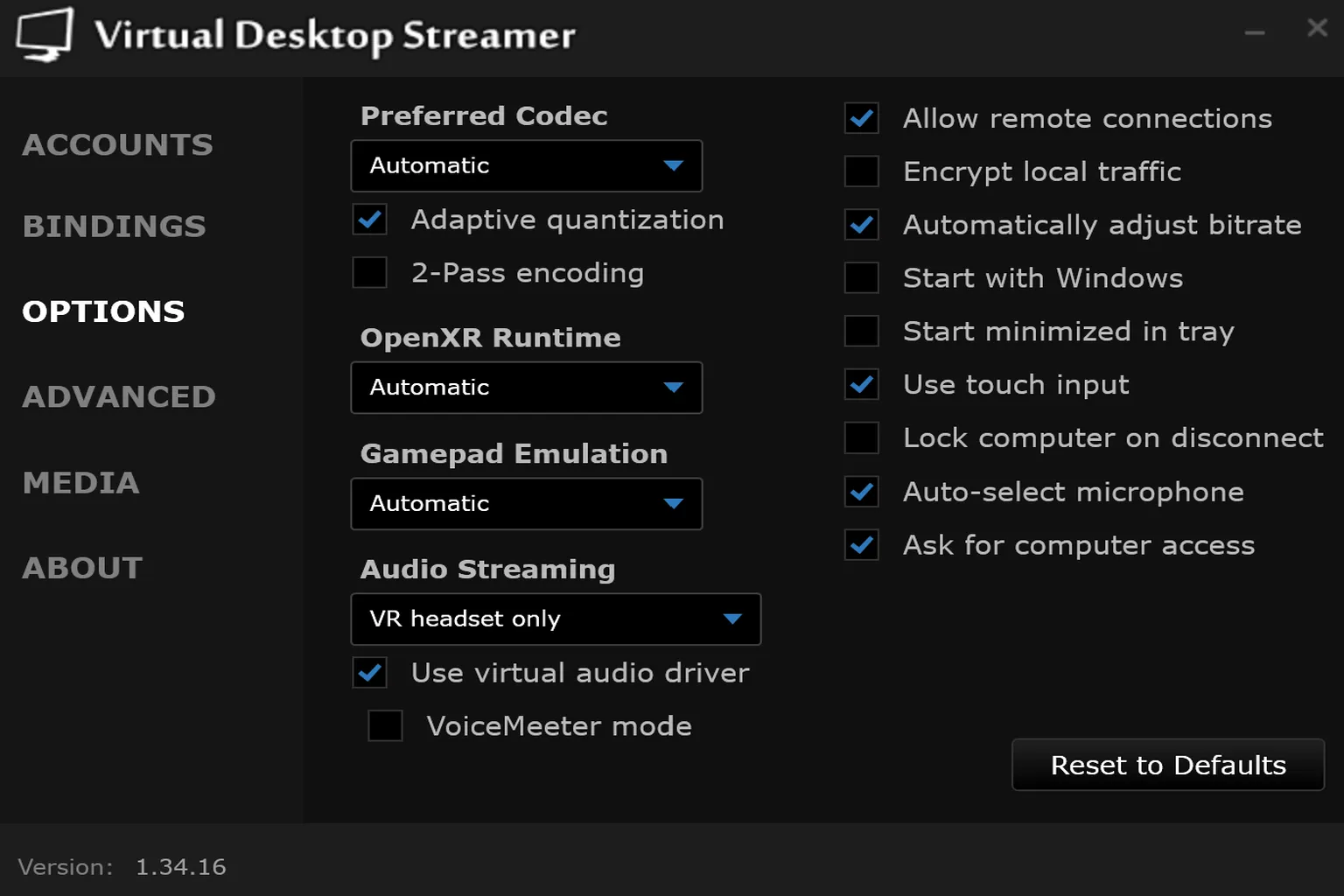 In der Übersicht der erweiterten Optionen von Virtual Desktop kannst du zentrale Einstellungen für Streaming-Qualität und Steuerungsverhalten an einem Ort anpassen.