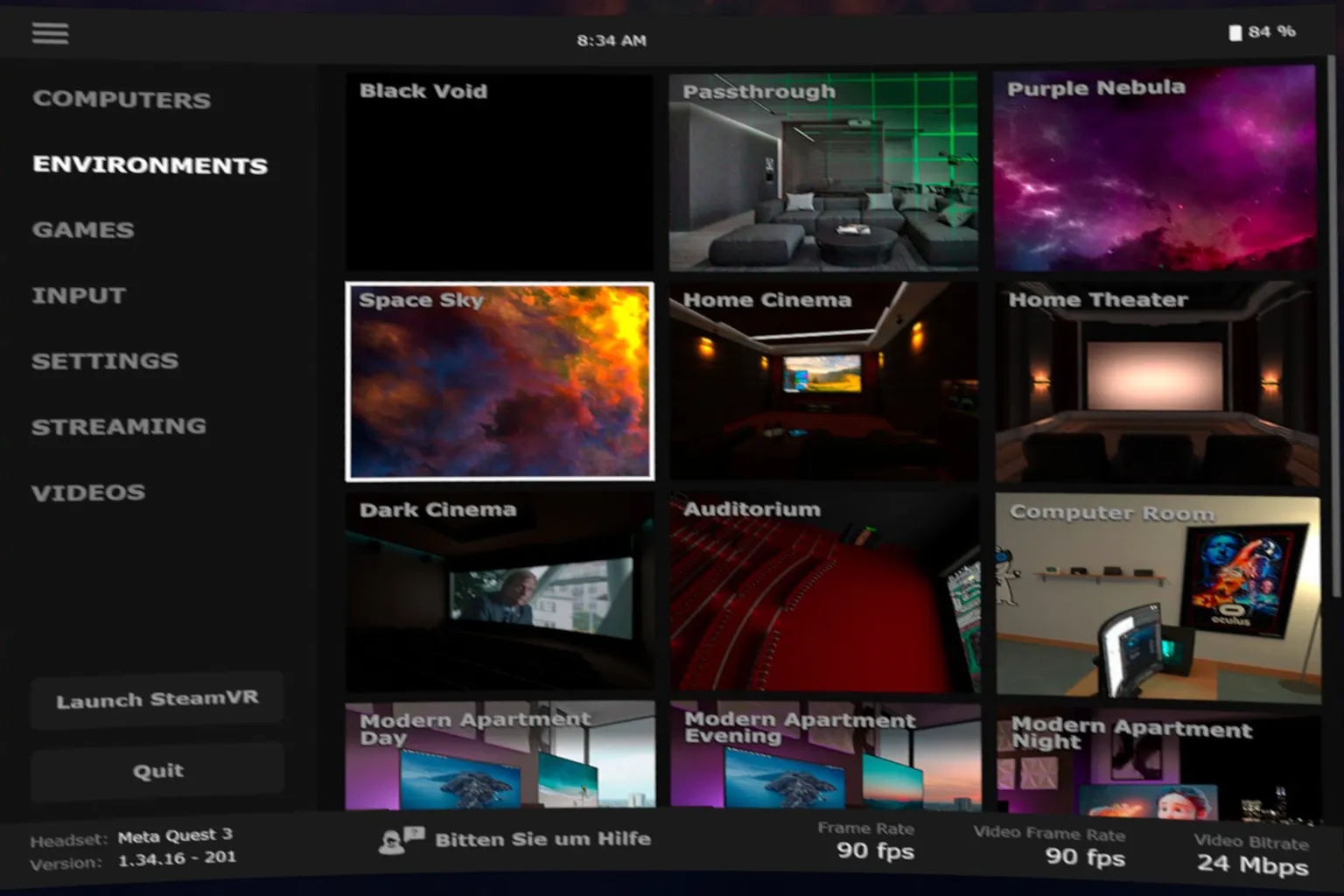 Im Menü für die VR-Umgebung kannst du ein virtuelles Hintergrundthema auswählen oder es ein- und ausschalten. Optionen wie Heimkino, Wolken, Gaming-Raum oder moderne Wohnung ermöglichen es dir, die Szene zu wechseln.