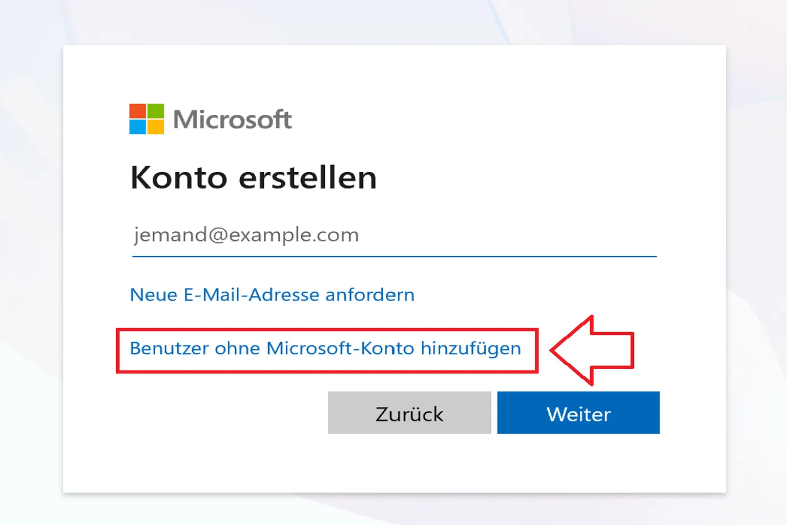 Auswählen eines Kontotyps ohne Microsoft-Konto.
