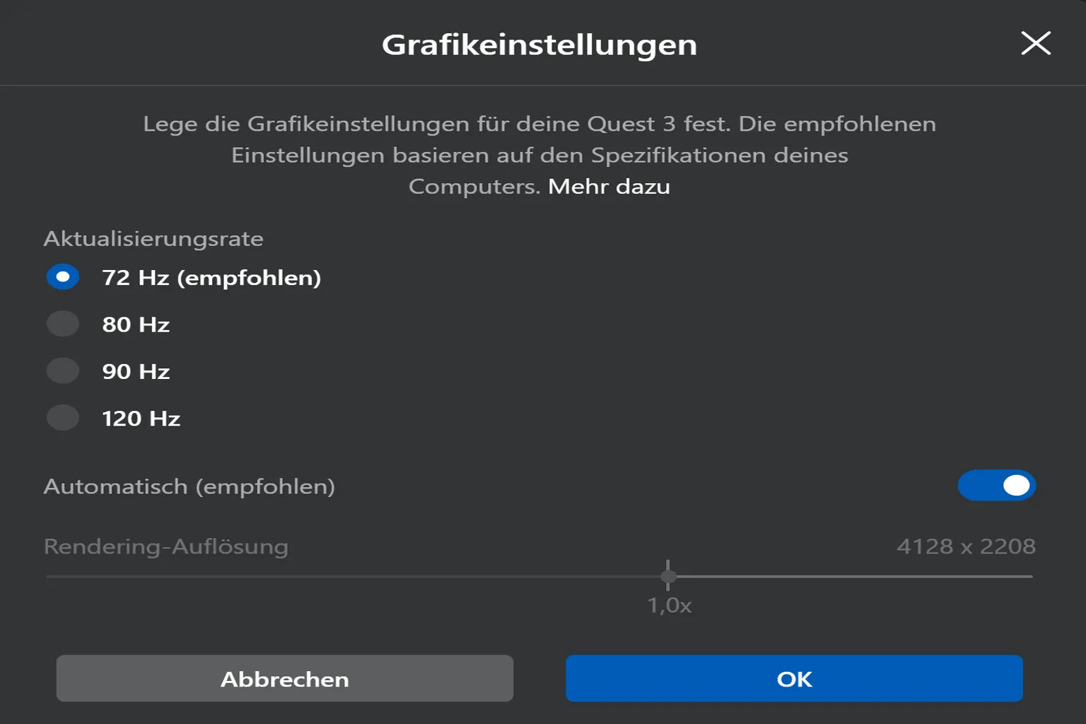 Meta Quest 3 Grafik-Einstellungen mit Optionen für Bildwiederholrate und Renderauflösungs-Regler