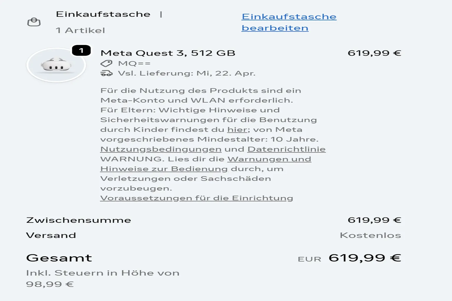 Checkout-Seite ohne angezeigte Prämieninformation. Das bedeutet, diese Bestellung erhält keine 30 $ Quest Cash und muss neu durchgeführt werden.