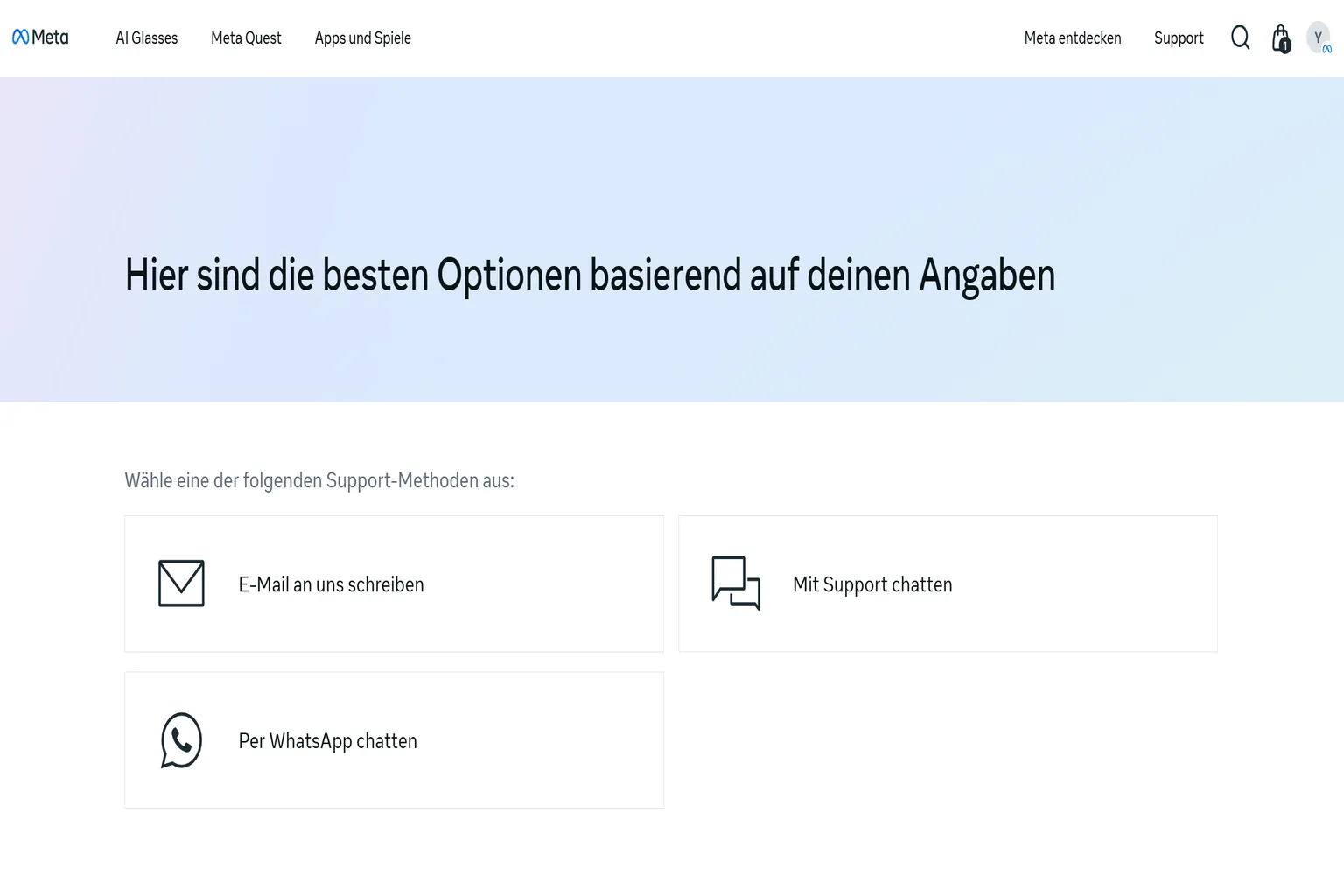 Seite mit Kontaktmöglichkeiten beim Meta Support. Es werden Optionen für Live-Support per E-Mail, Online-Chat oder WhatsApp angezeigt.