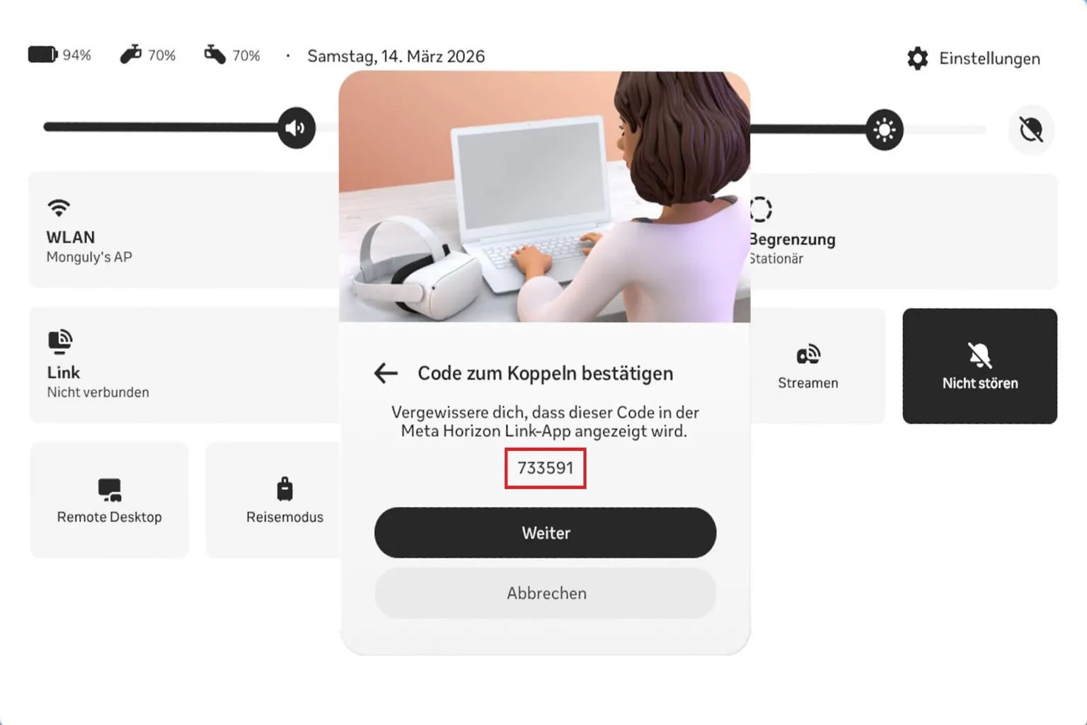 Meta Quest 3 Air Link Bildschirm zeigt den Pairing-Code 733591 zum Koppeln mit der Meta Horizon Link App, mit der Schaltfläche Weiter zur Bestätigung
